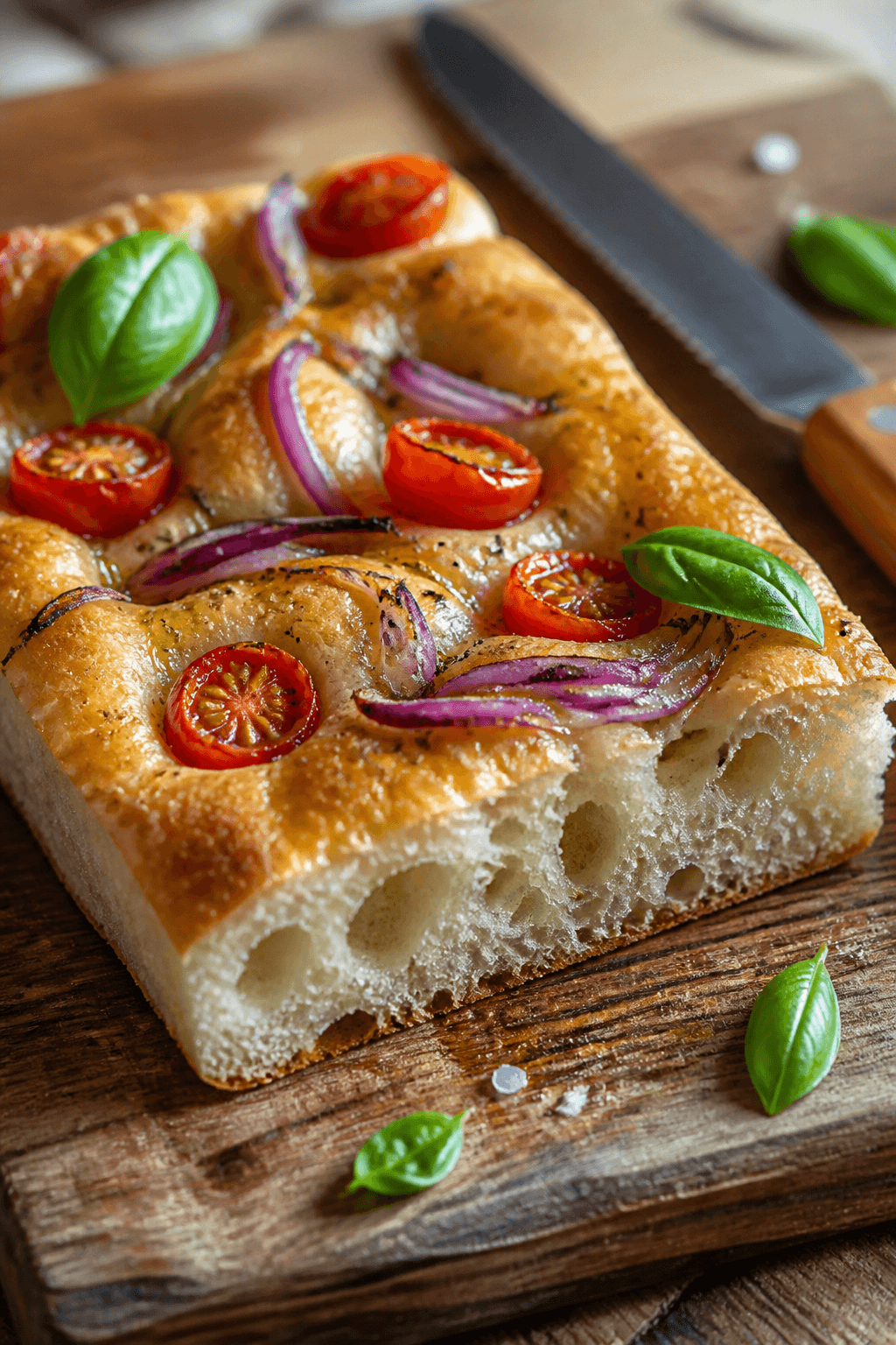 Close-up detail of a sliced focaccia square on a rustic wooden board, focus on the open, airy crumb