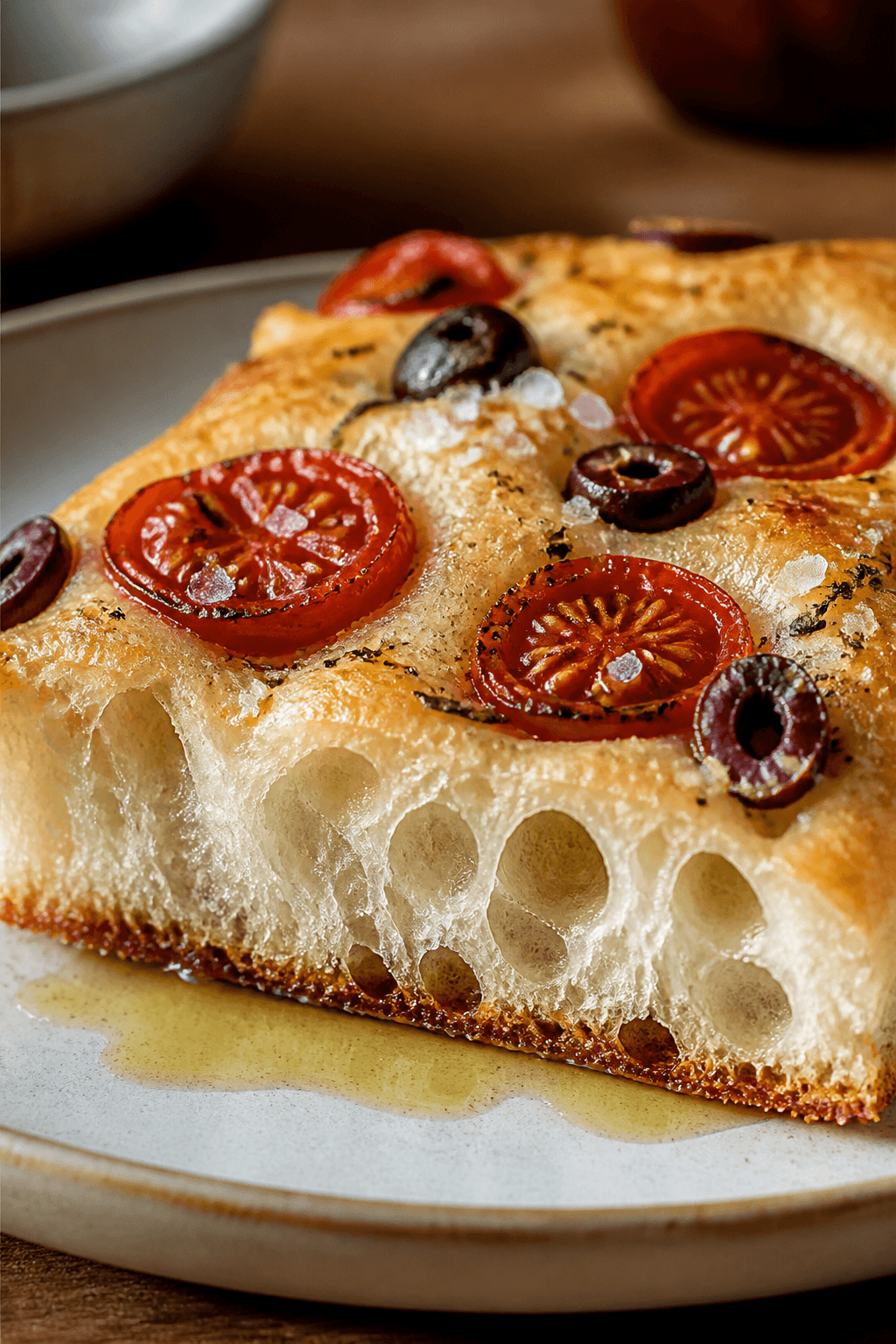 Close-up detail of a sliced square of focaccia on a simple ceramic plate, showing the moist, high-hy