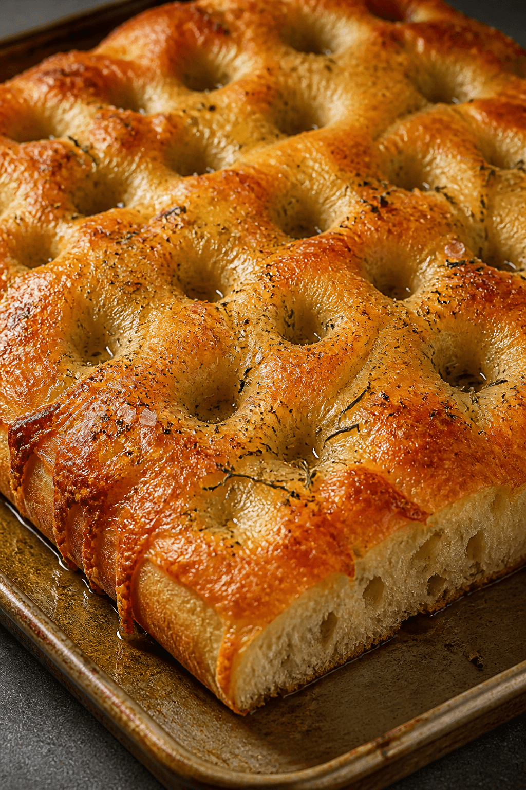 Close-up detail of freshly baked Garlic Parmesan focaccia just out of the oven: deep, well-defined d