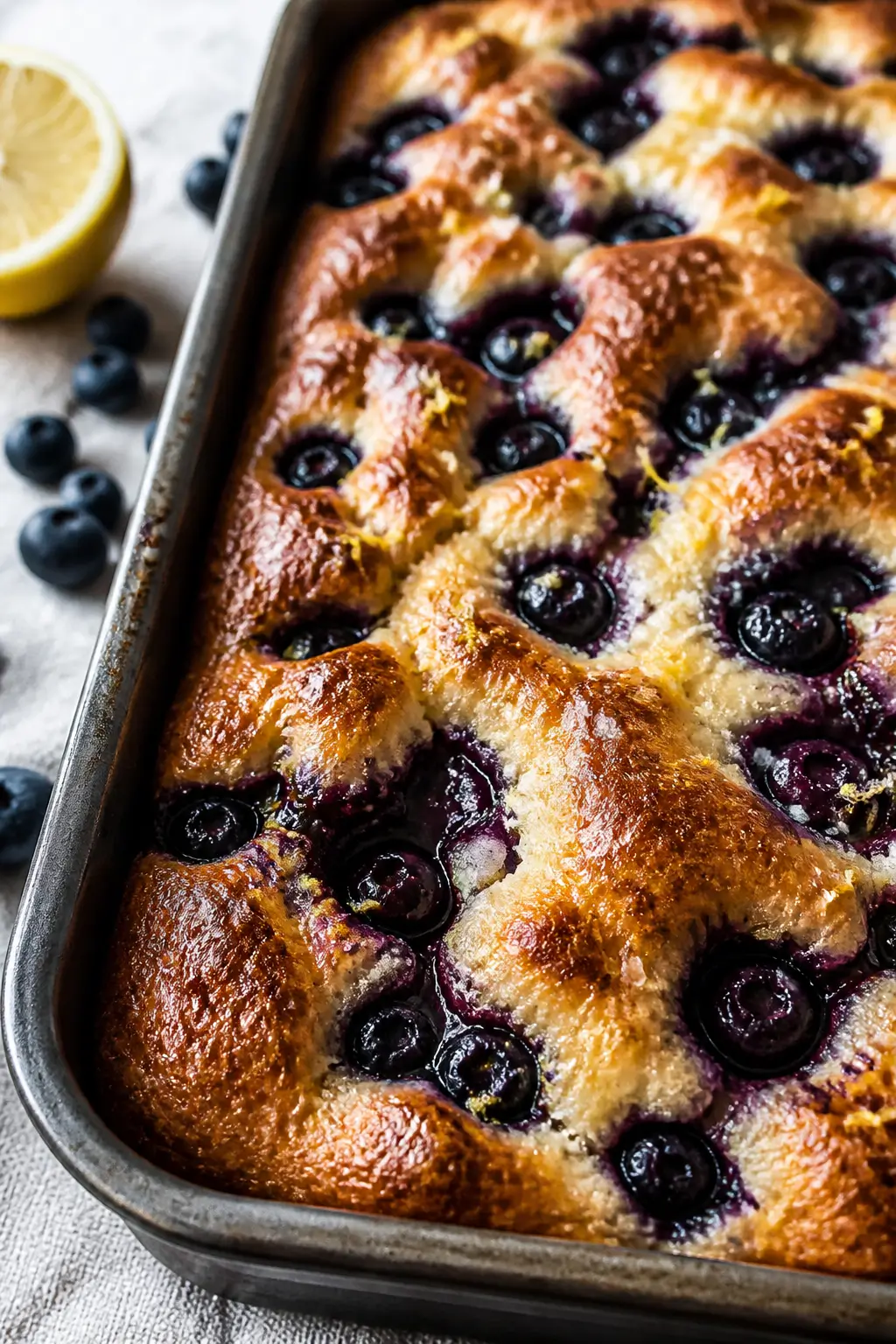 Close-up detail of freshly baked lemon blueberry sourdough focaccia just out of the oven, edges deep