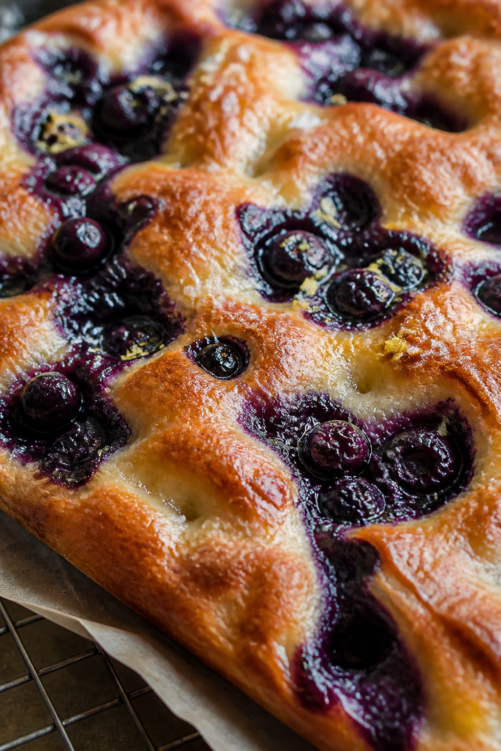 Close-up detail of freshly baked sourdough blueberry focaccia just out of the pan: deep golden, cris