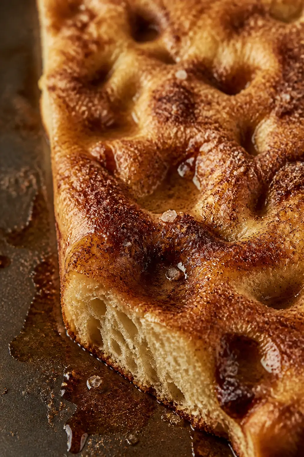 Close-up detail shot of freshly baked cinnamon focaccia just out of the pan, showing bronzed, crackl