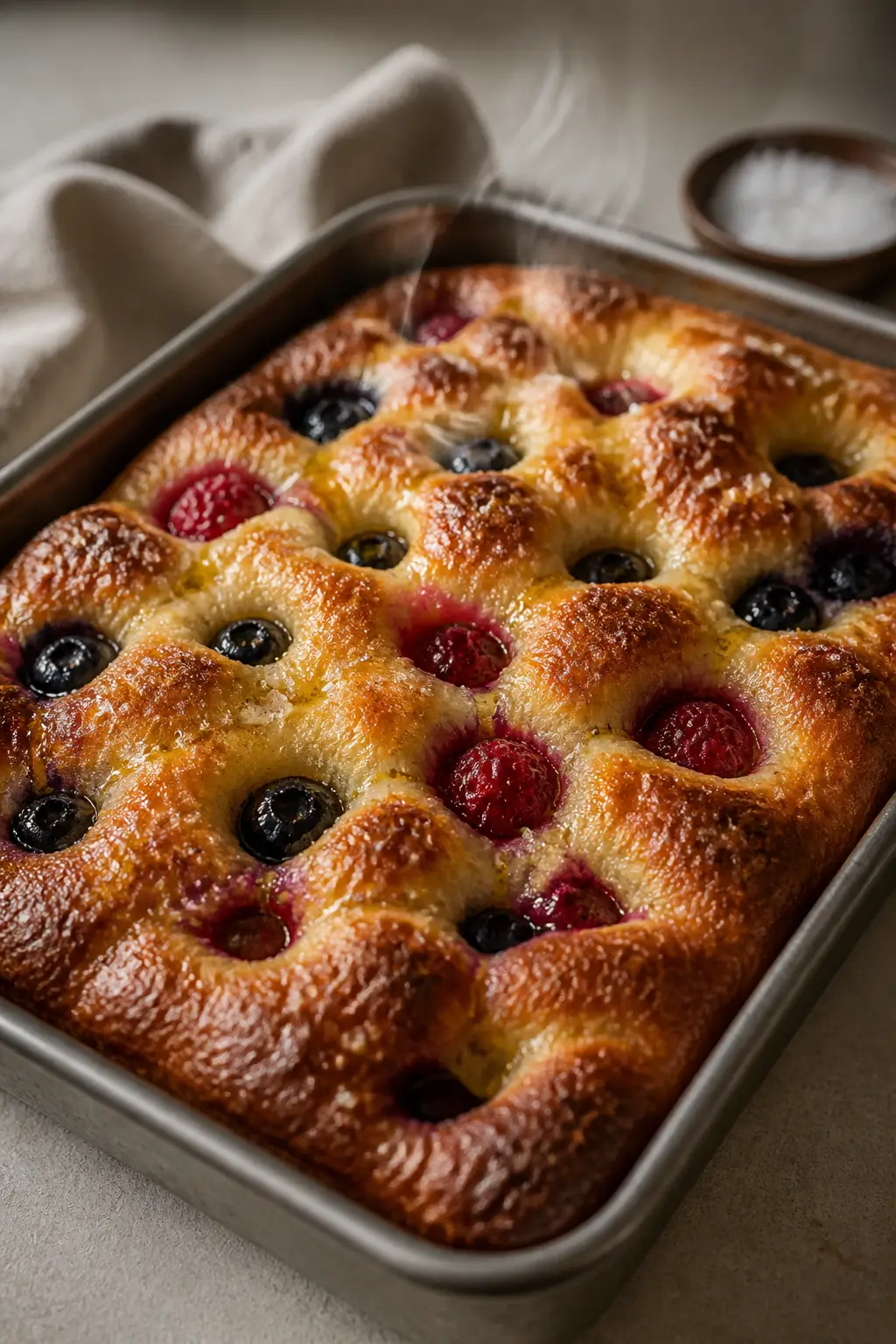 Cooking process close-up: Puffy sweet focaccia just out of the oven in a 9x13 metal pan, golden top 