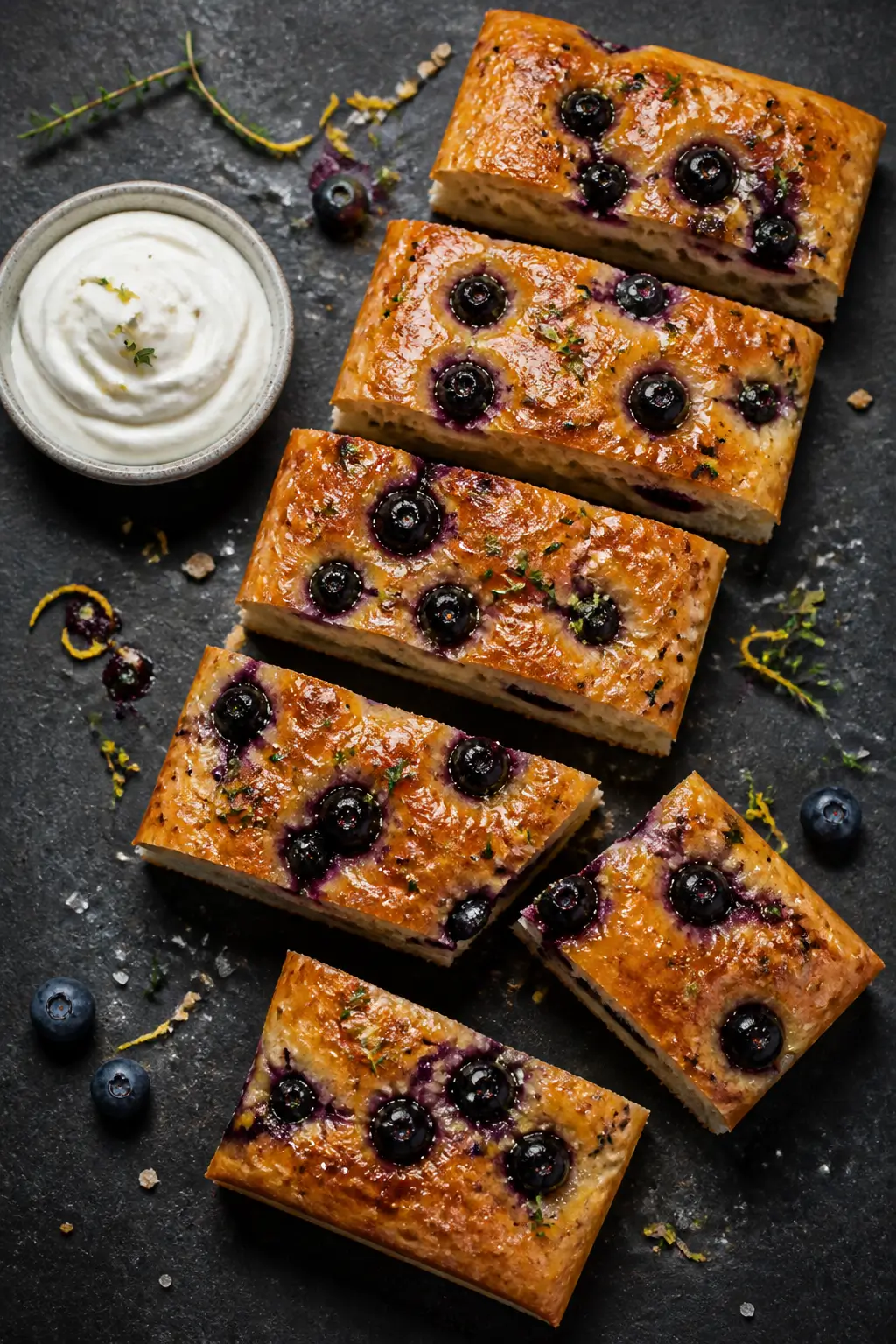 Overhead final presentation of sliced sourdough blueberry focaccia on a dark stone slab: neat rectan