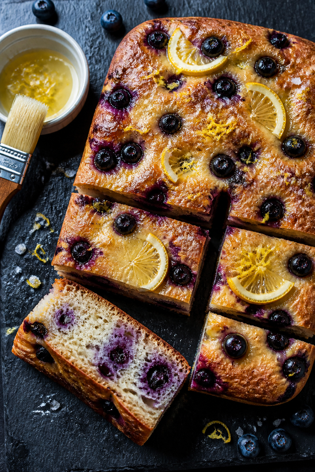 Overhead final presentation shot of sliced lemon blueberry sourdough focaccia on a dark slate board,