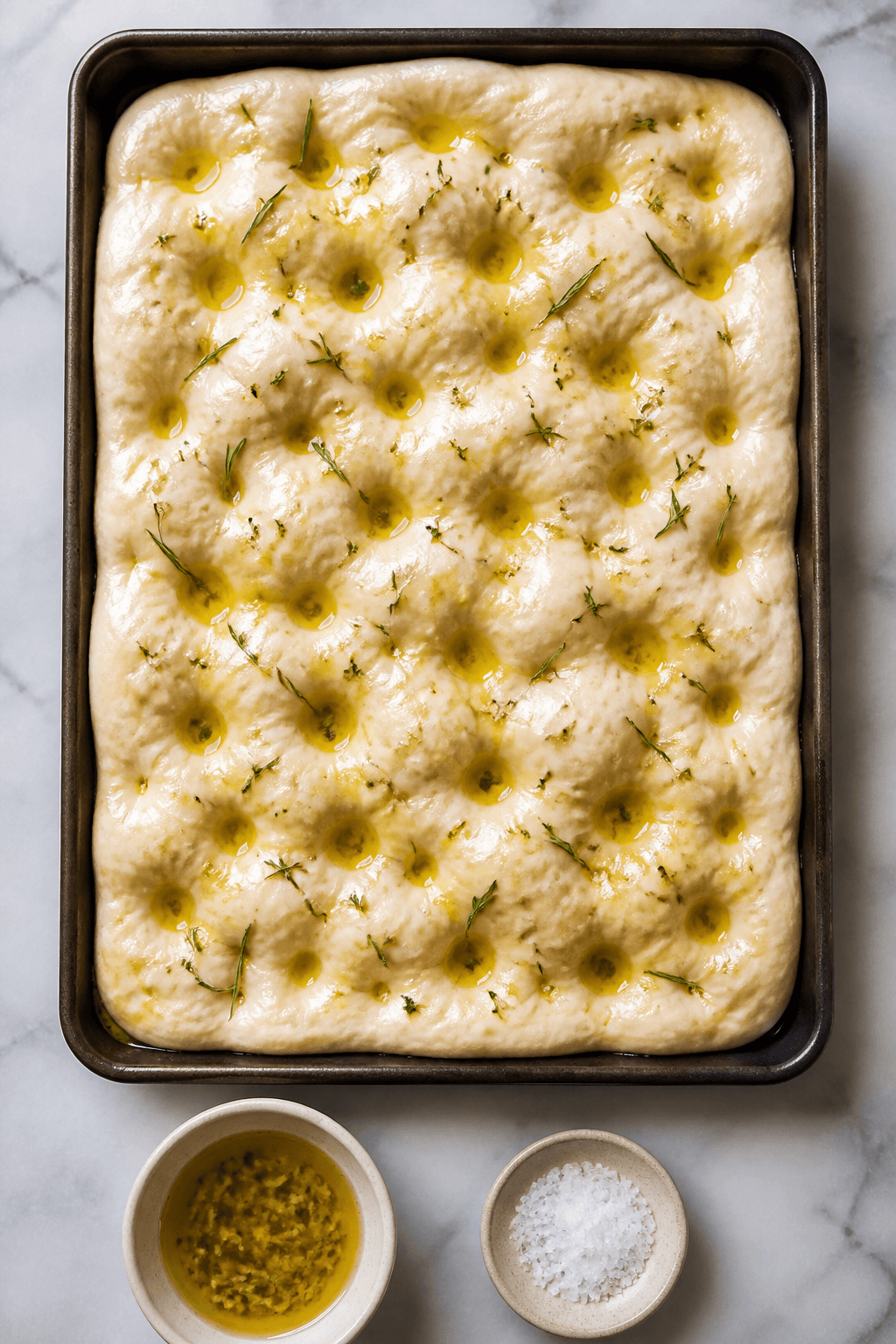 Overhead process shot of the focaccia right after dimpling and garlic oil application, pre-bake: a 9