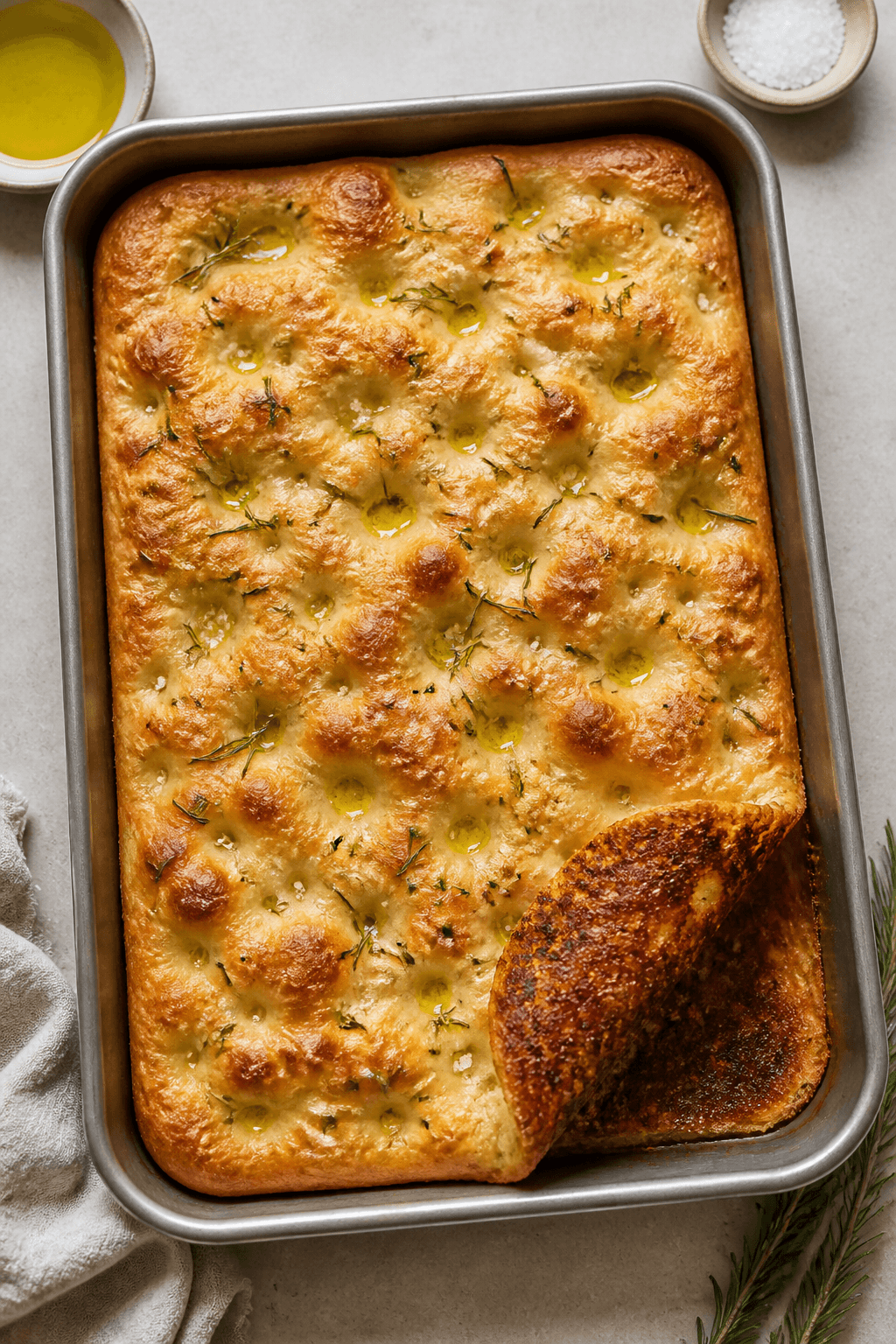 Overhead shot of freshly baked focaccia in a well-oiled 9x13 metal pan just out of the oven, showing