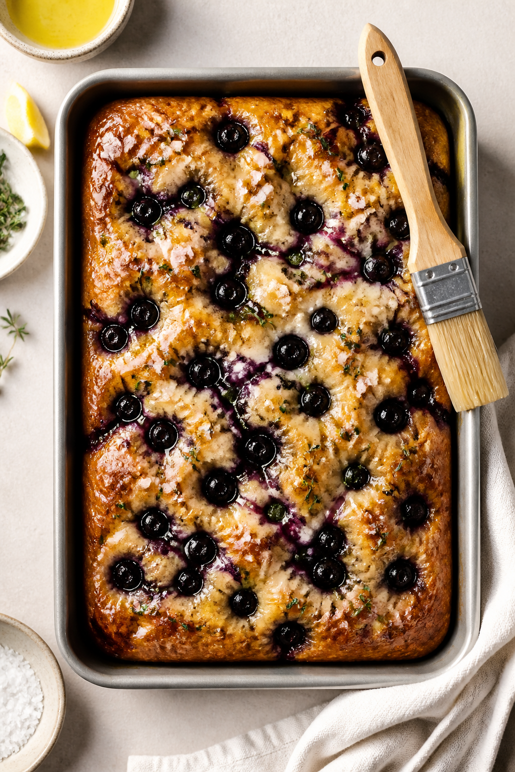 Overhead shot of freshly baked lemon blueberry focaccia cooling in a 9x13 metal pan, golden edges wi