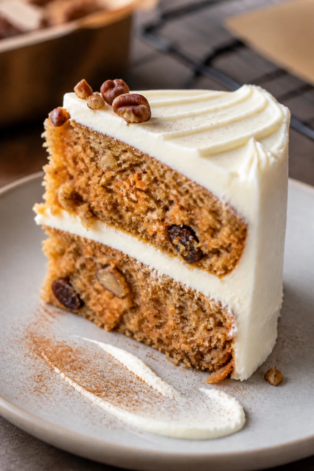 Close-up 3/4 angle of a single tall slice of gluten-free carrot cake on a matte stoneware plate, sho