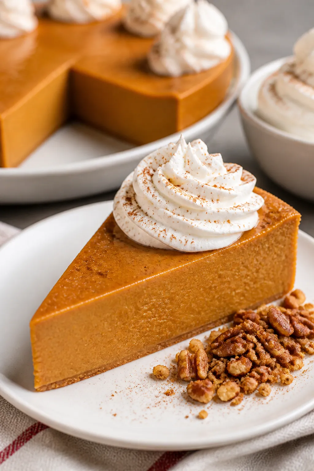Close-up, 45-degree angle of a chilled slice of crustless pumpkin pie on a small white dessert plate