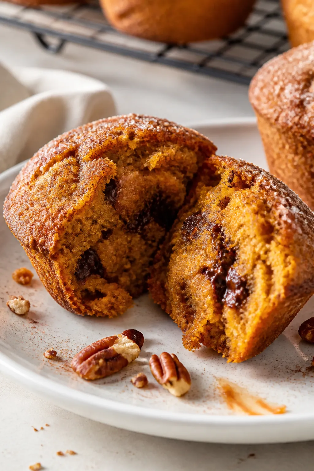 Close-up, 45-degree angle of a split open dairy-free pumpkin muffin on a matte white plate, showcasi