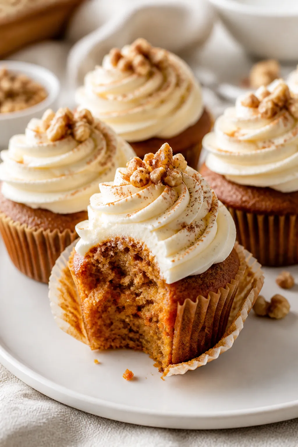 Close-up beauty shot of fully frosted gluten free carrot cake cupcakes, tall silky cream cheese swir