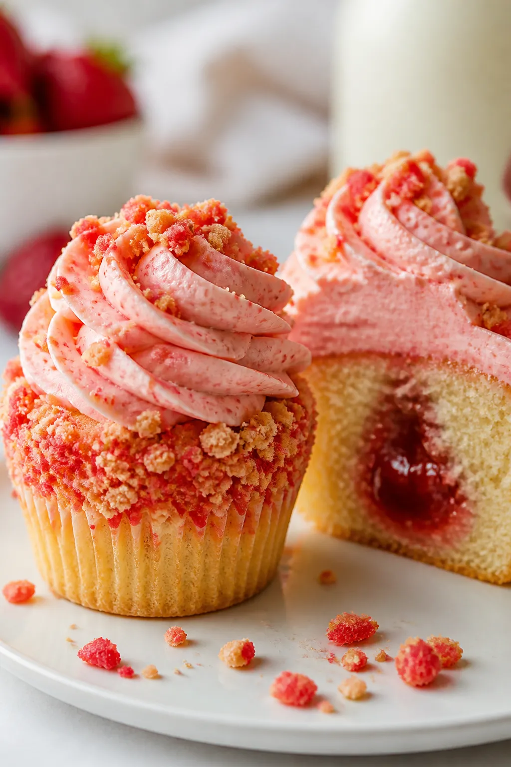 Close-up detail: A fully assembled strawberry crunch cupcake with a generous pink strawberry butterc