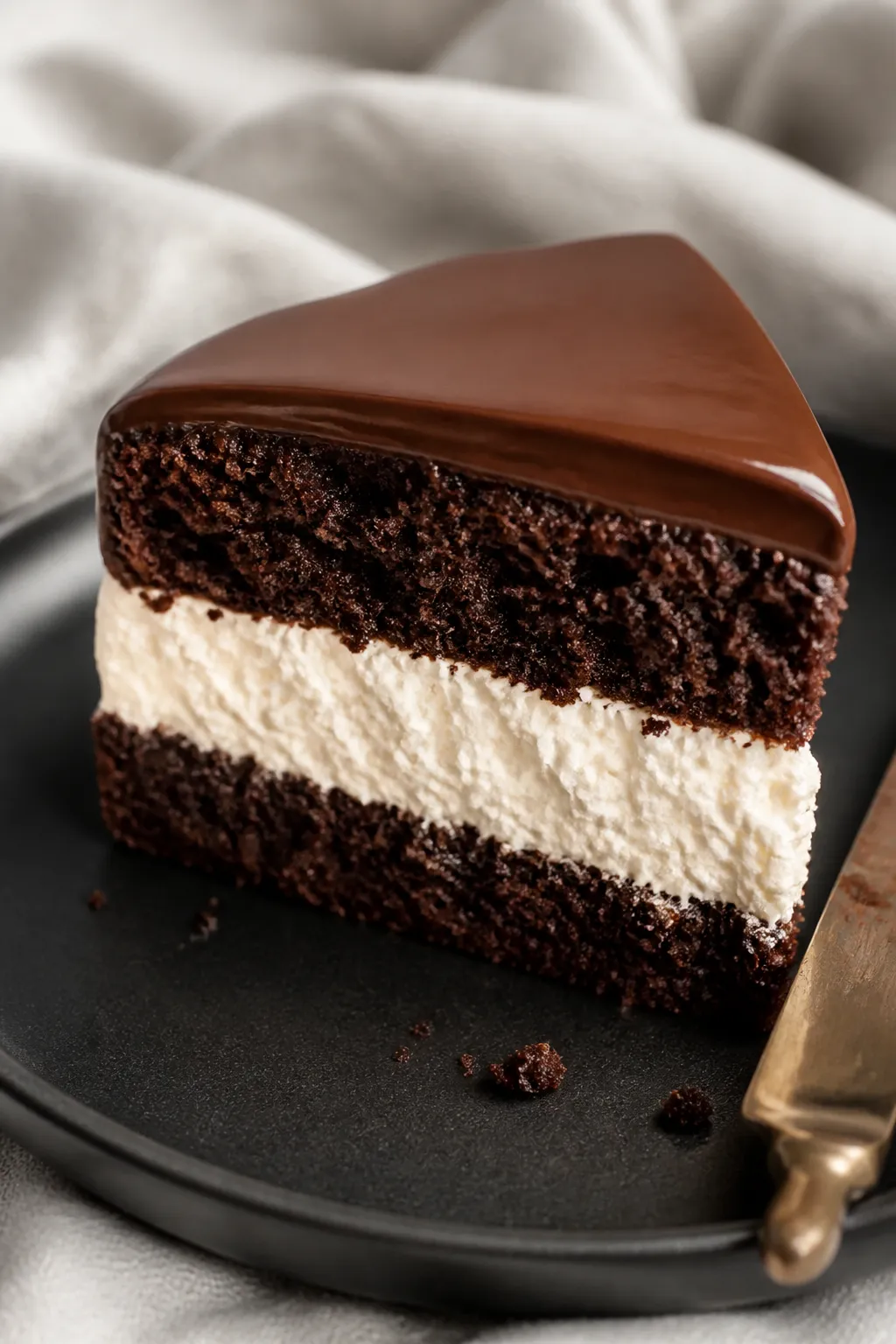Close-up detail: A precise side-cut slice of Copycat Hostess Ding Dong Cake showing three distinct l