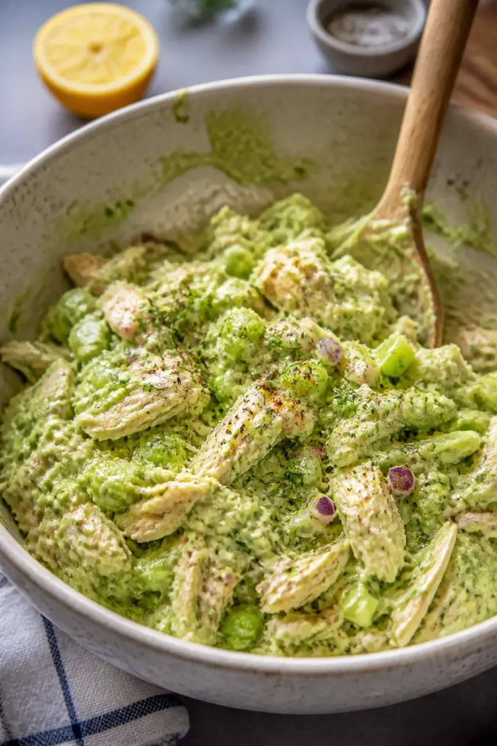 Close-up detail and process shot: A large ceramic mixing bowl filled with creamy avocado–Greek yog