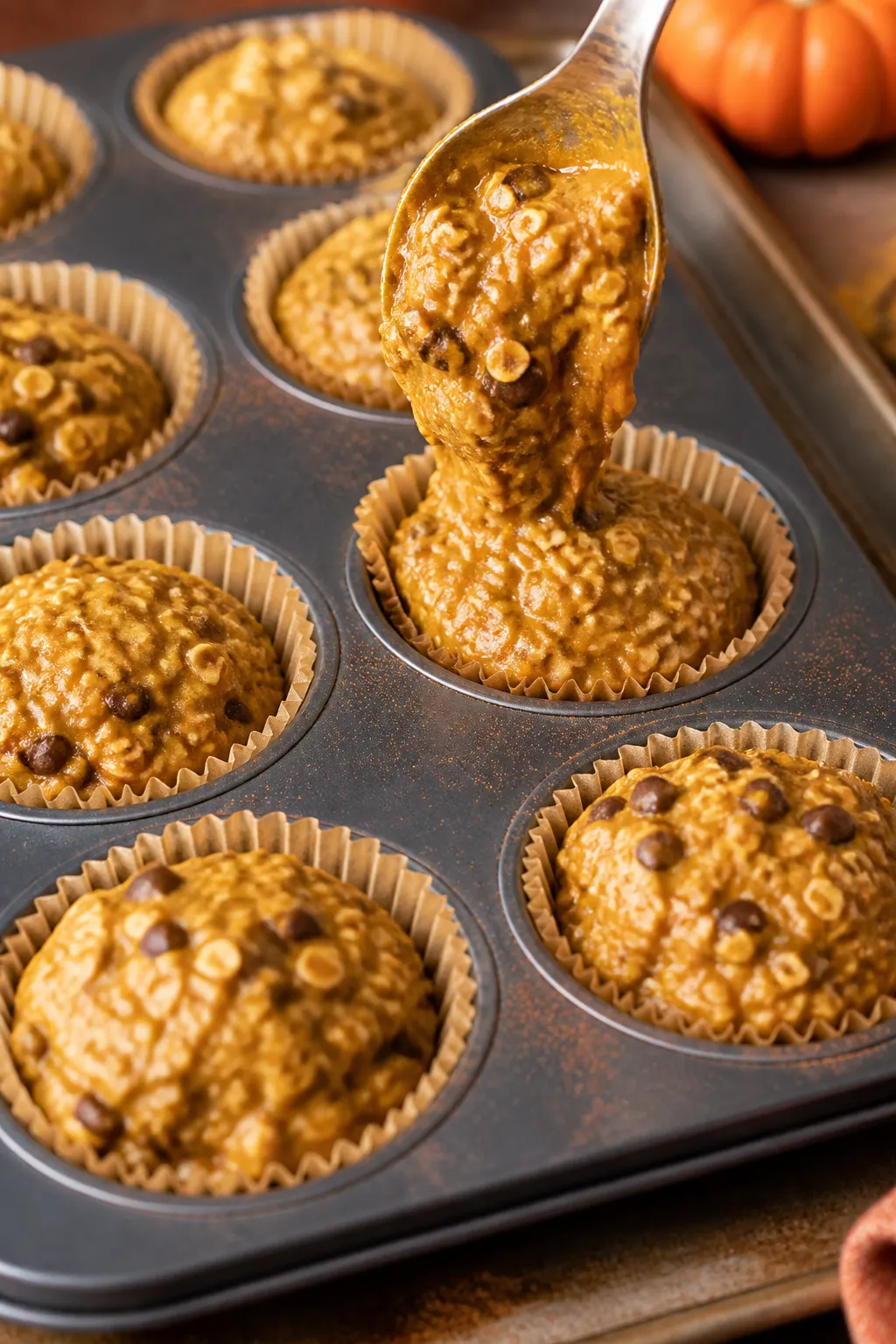 Close-up detail and process: Thick pumpkin oatmeal muffin batter being spooned into nearly full, par