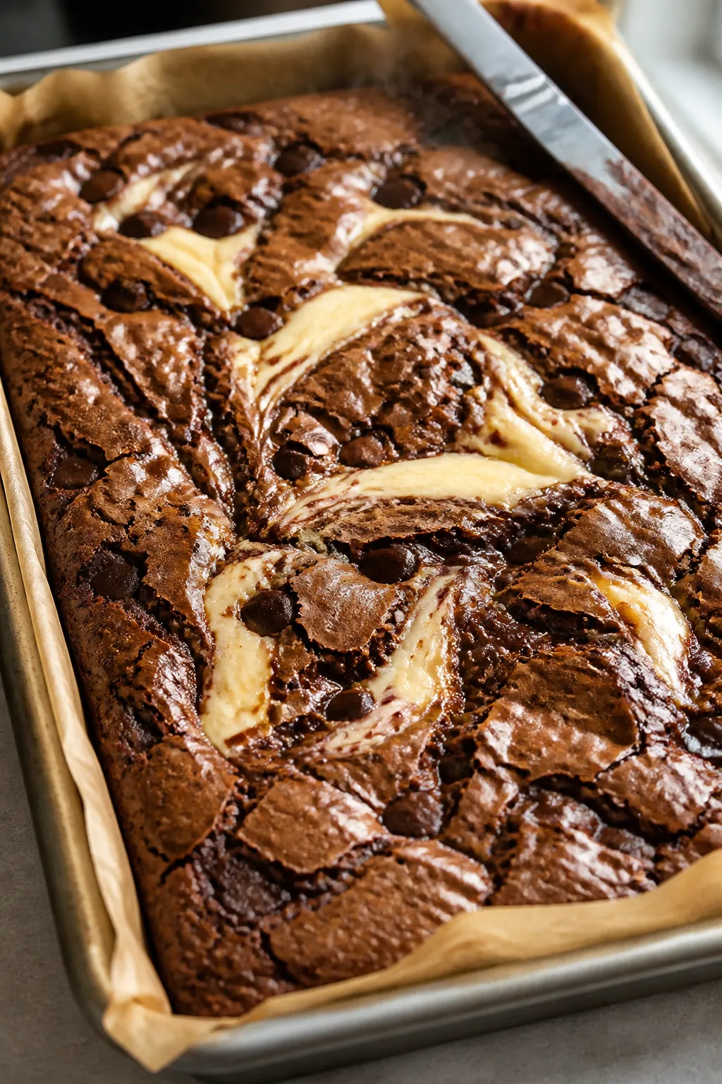 Close-up detail, cooking process: A 9x13 pan of freshly baked Gooey Chocolate Earthquake Cake just o