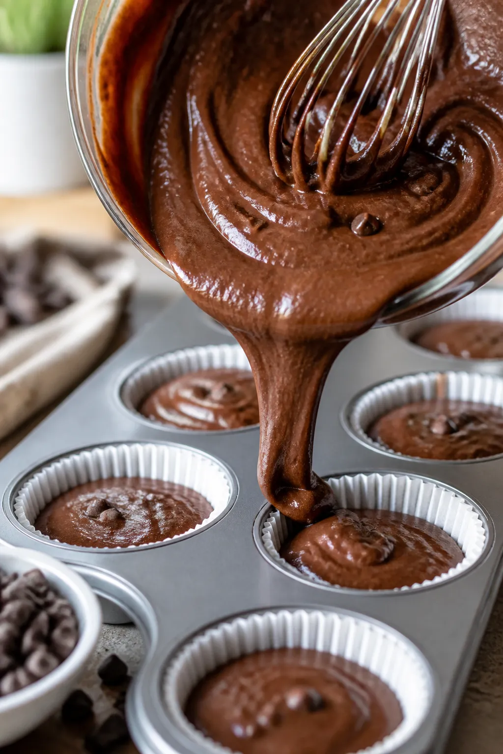 Close-up detail, cooking process: Silky chocolate cupcake batter being whisked until smooth and glos