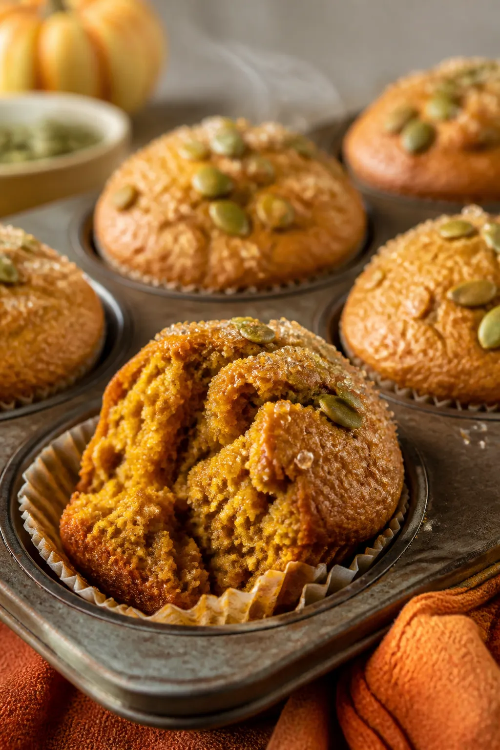 Close-up detail: Freshly baked healthy pumpkin muffins just out of the oven, domed tops with a gentl