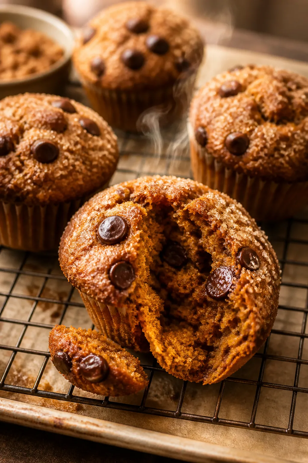 Close-up detail: Freshly baked pumpkin spice muffins just out of the pan, domed tops with a sparklin