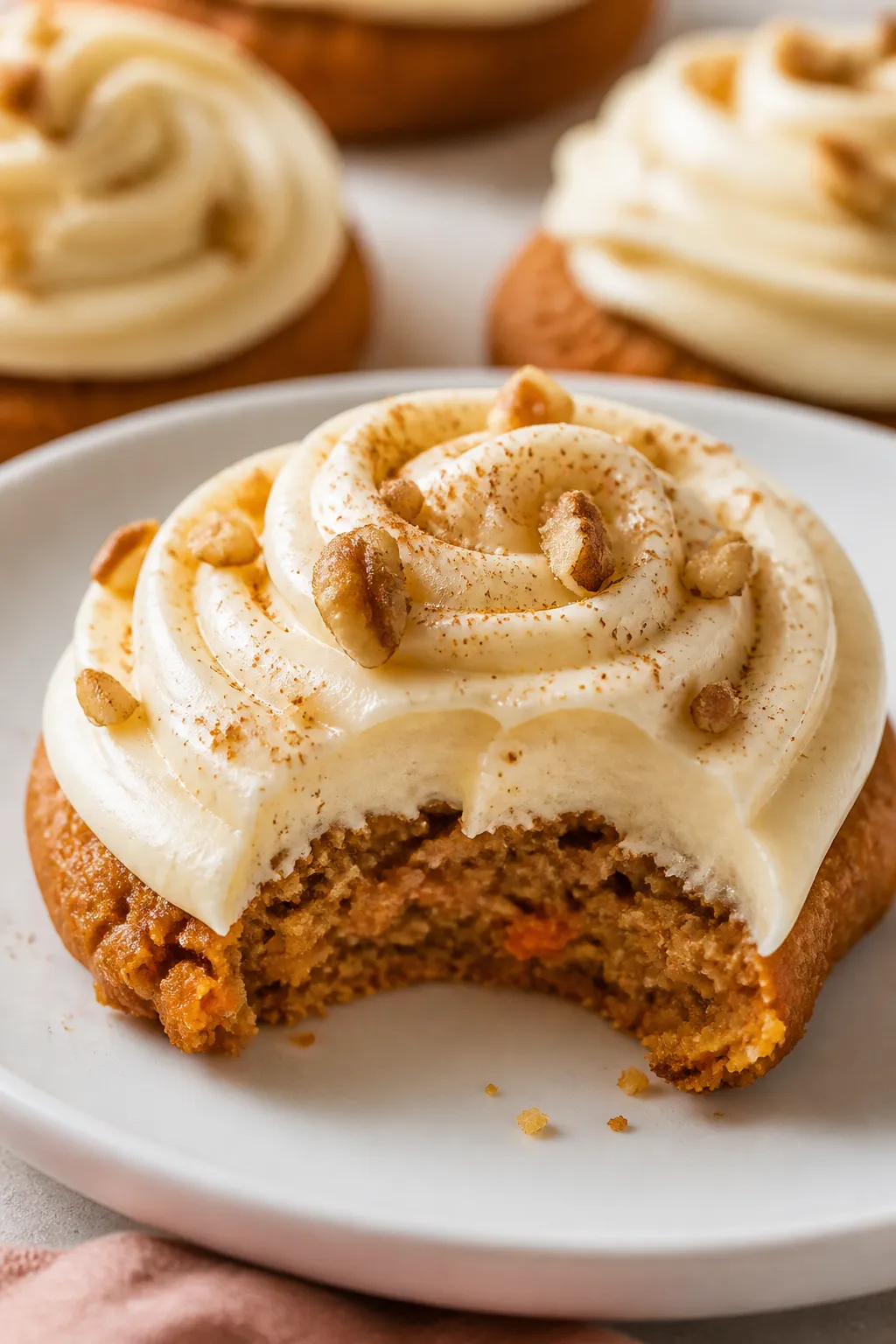 Close-up detail of a fully frosted gluten free carrot cake cookie on a matte white plate, silky crea