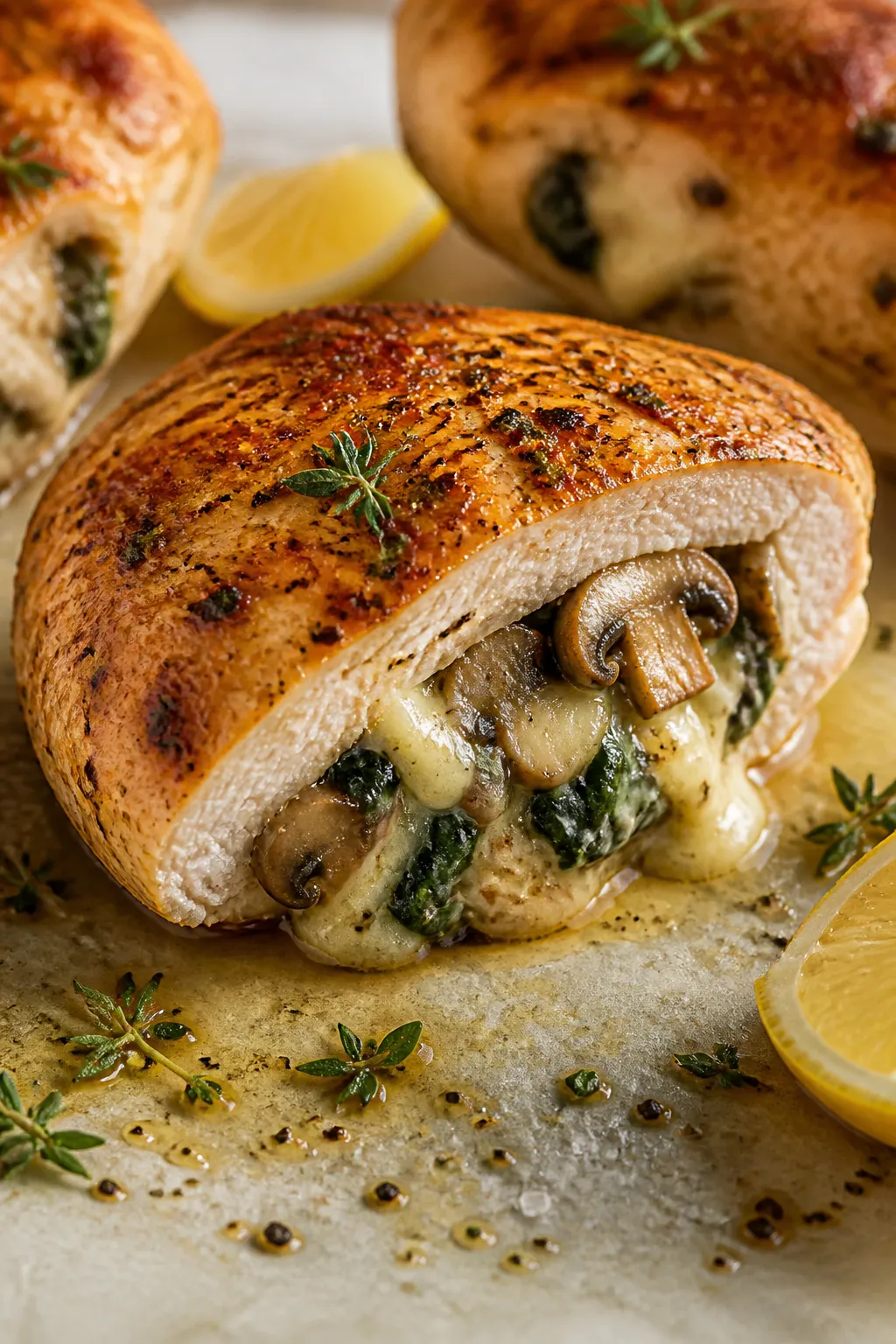 Close-up detail of a golden-browned mushroom-stuffed chicken breast just out of the oven, sliced sli