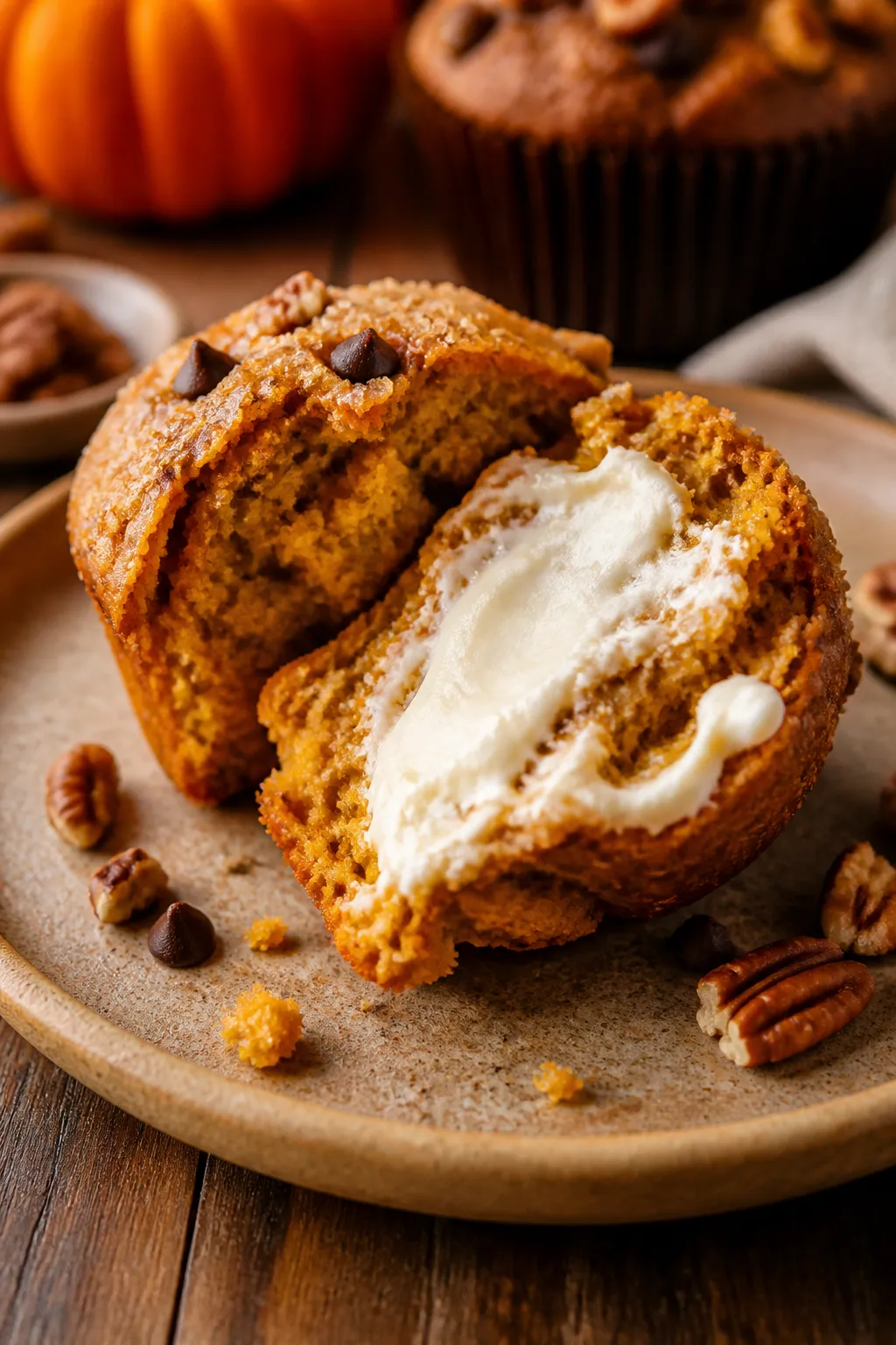Close-up detail of a plated pumpkin muffin split open and slathered lightly with softened cream chee