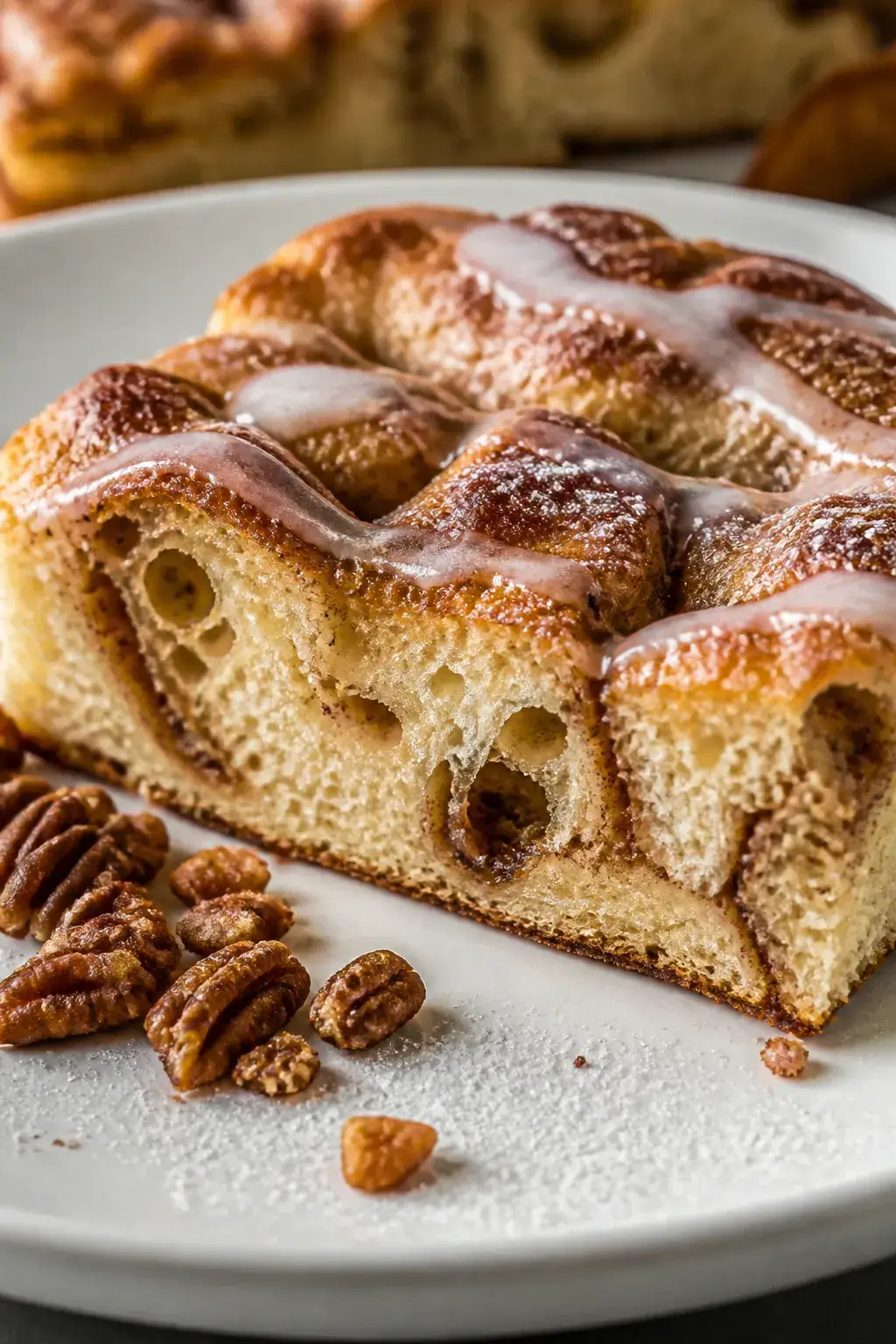 Close-up detail of a sliced square of cinnamon roll sourdough focaccia on a matte white plate, airy 