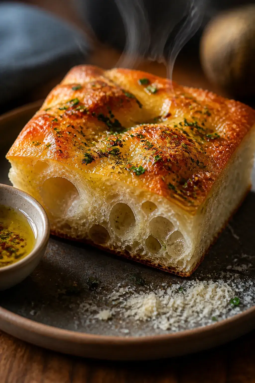 Close-up detail of a sliced square of garlic bread focaccia on a matte ceramic plate, steam rising s