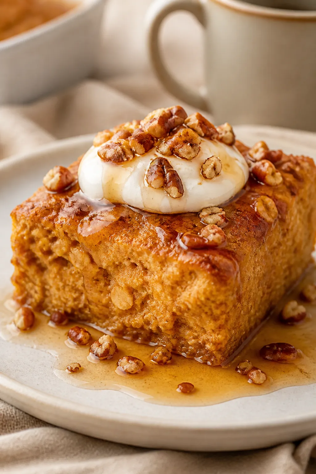 Close-up detail of a sliced square of pumpkin pie baked oatmeal on a matte white plate, texture-forw