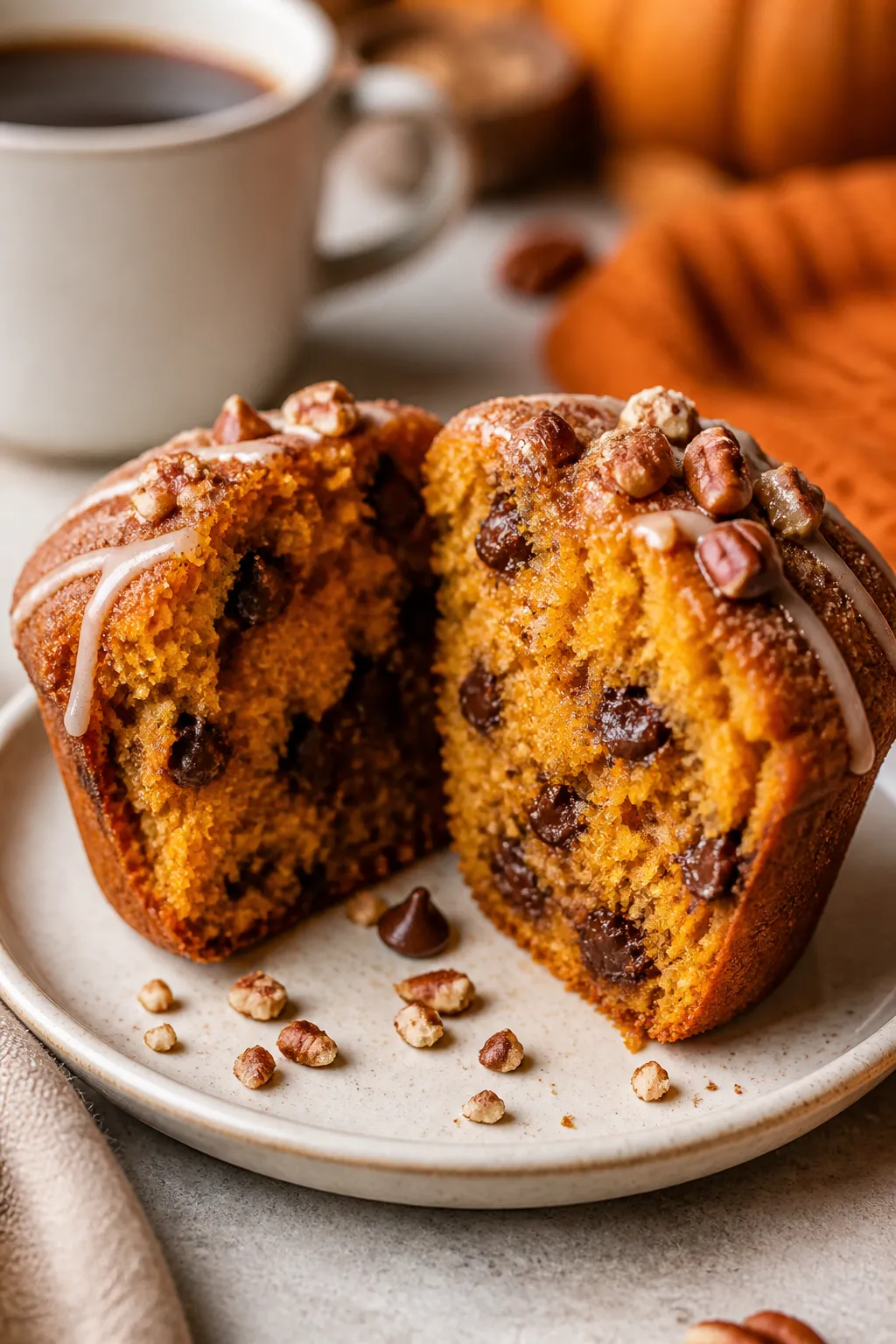Close-up detail of a split gluten free pumpkin muffin on a small ceramic plate, interior crumb moist
