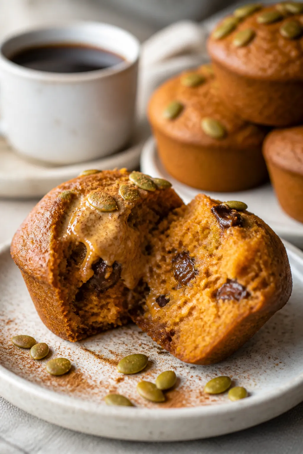 Close-up detail of a split-open pumpkin muffin on a small ceramic plate, showing ultra-moist, tender