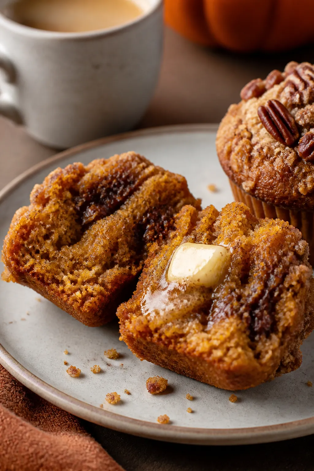 Close-up detail of a split-open pumpkin muffin on a ceramic plate with a small pat of melting butter