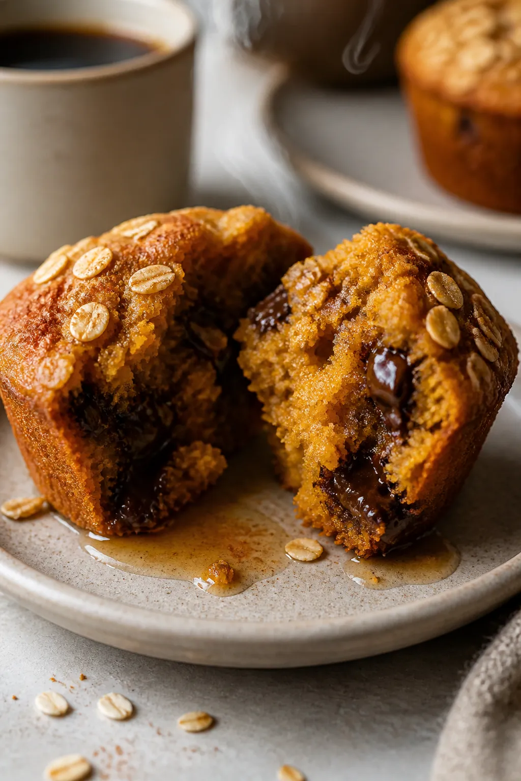 Close-up detail of a split-open pumpkin oat muffin on a small matte ceramic plate, steam subtly risi