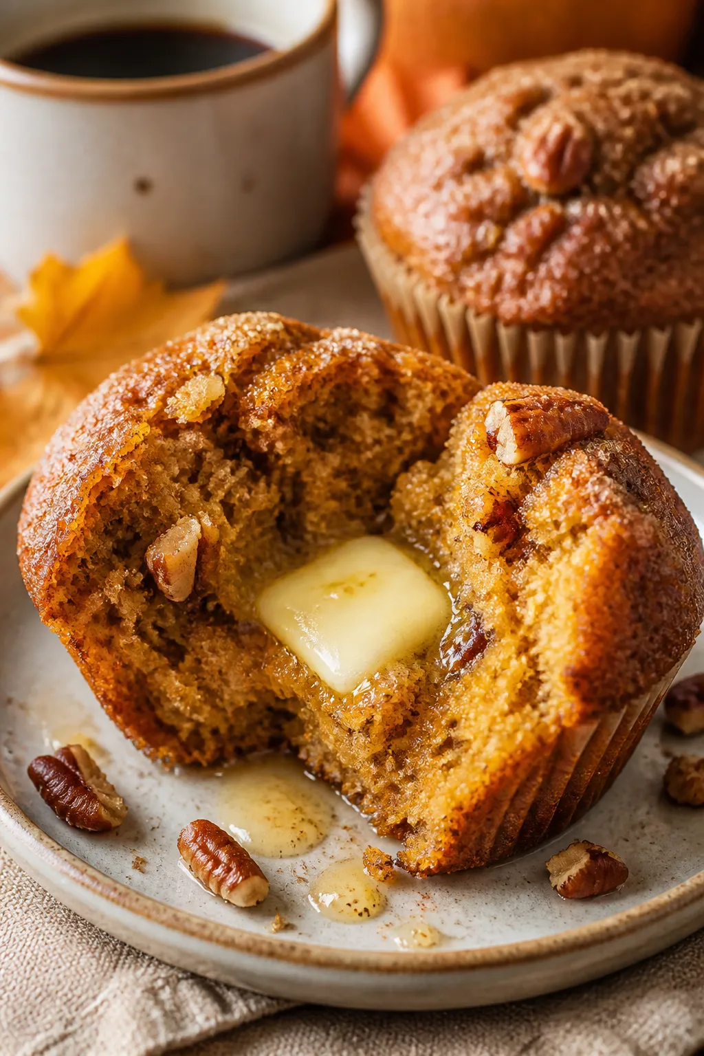 Close-up detail of a split, warm pumpkin muffin on a small ceramic plate, pat of butter melting into