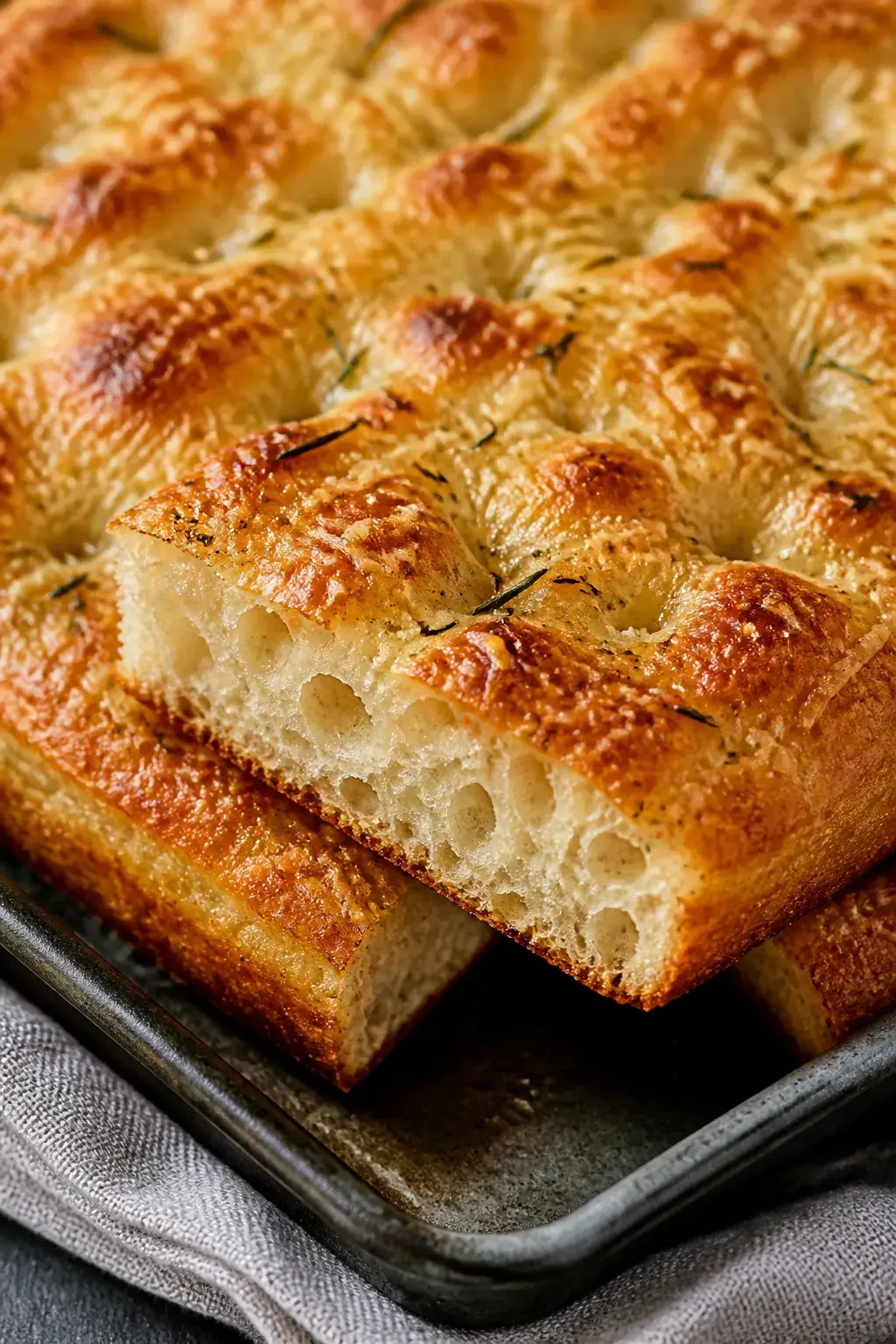 Close-up detail of freshly baked garlic parmesan focaccia just out of the oven, golden blistered top