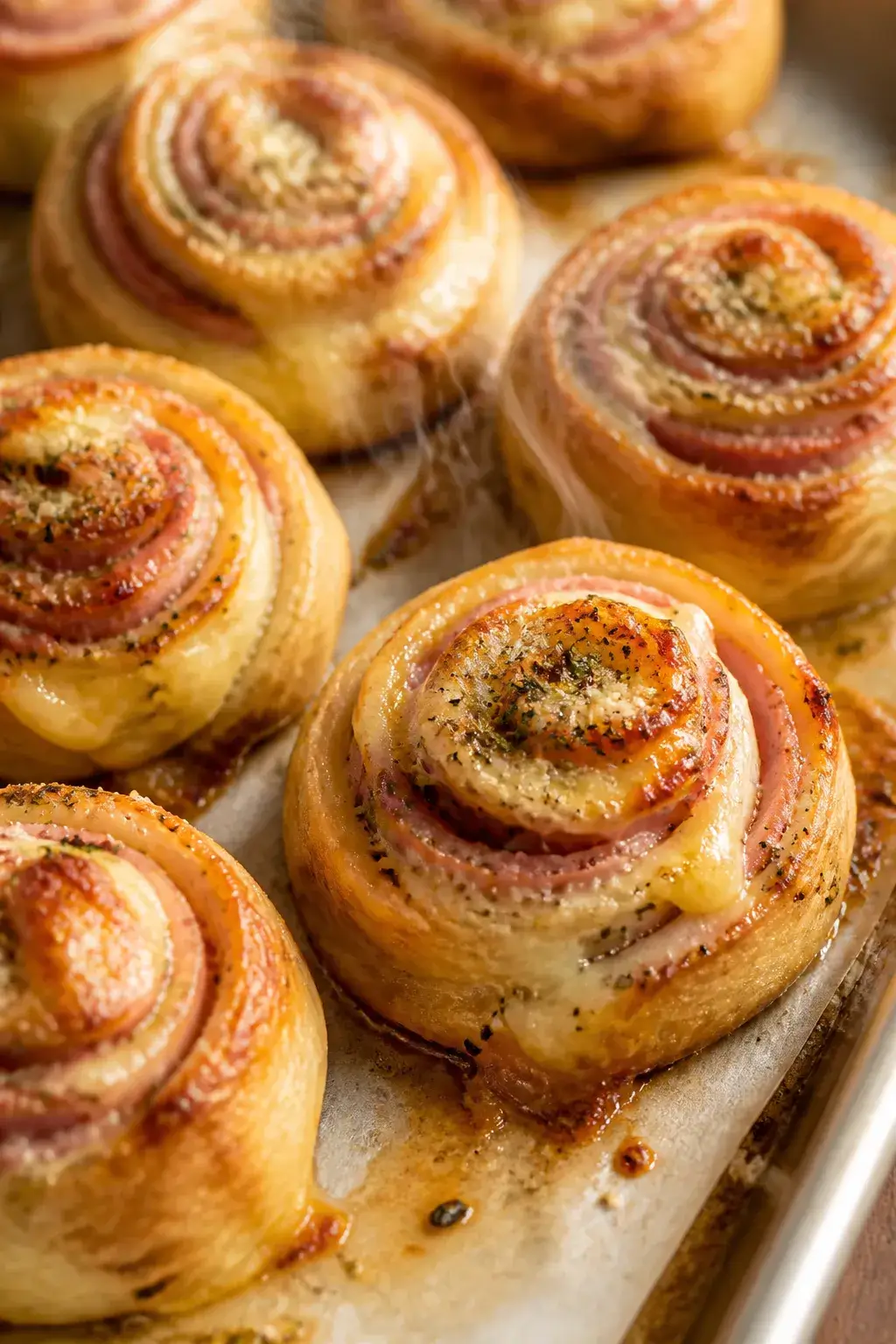 Close-up detail of freshly baked ham and cheese pinwheels just out of the oven, golden-brown spirals