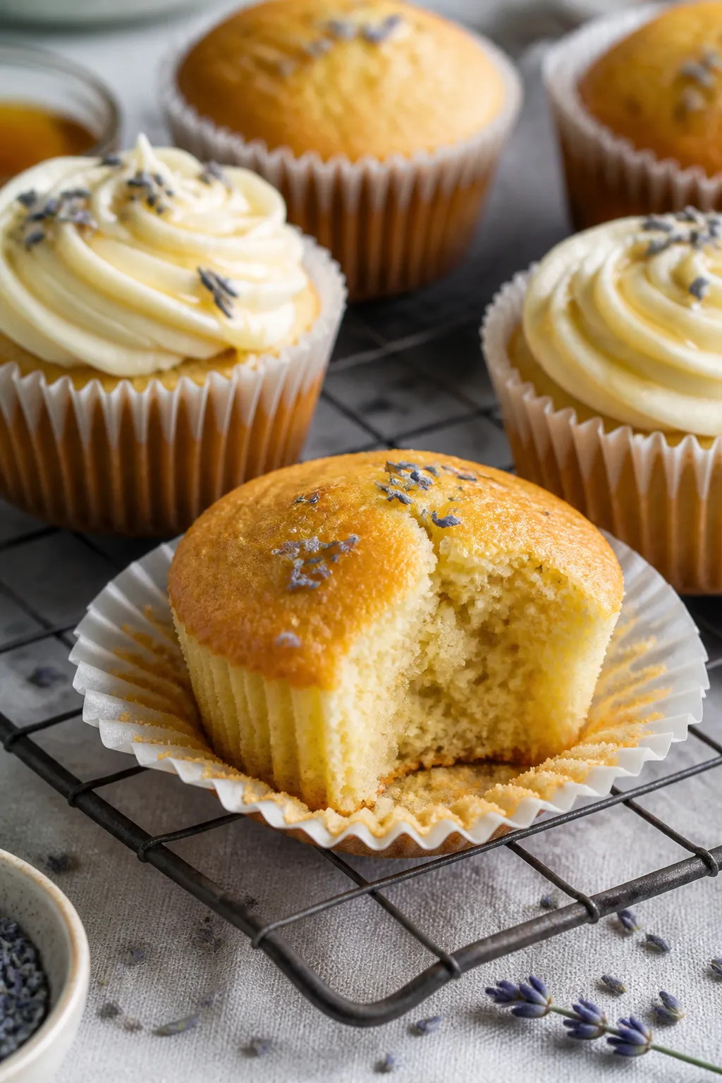 Close-up detail of freshly baked lavender honey cupcakes cooling on a wire rack, golden domed tops w