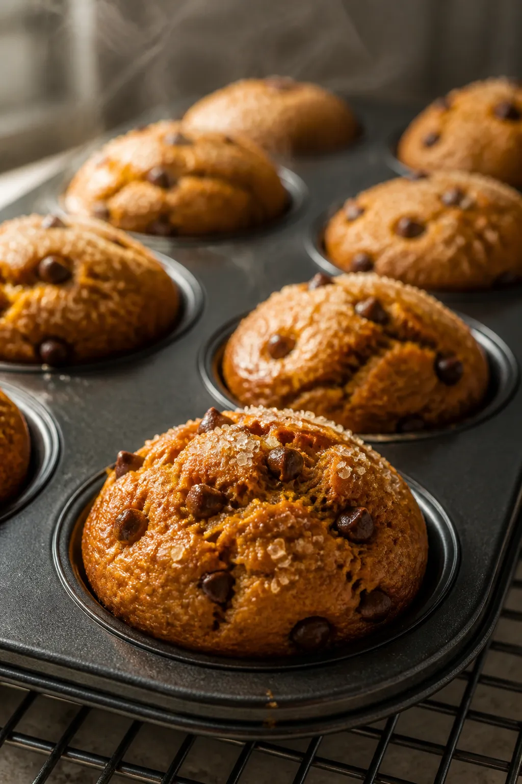 Close-up detail of freshly baked mini pumpkin muffins just out of the oven, still in a dark nonstick