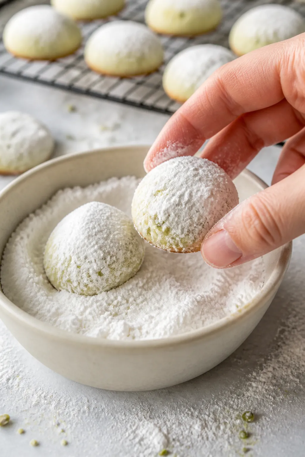 Close-up detail of freshly baked pistachio wedding cookies being rolled in confectioners’ sugar fo