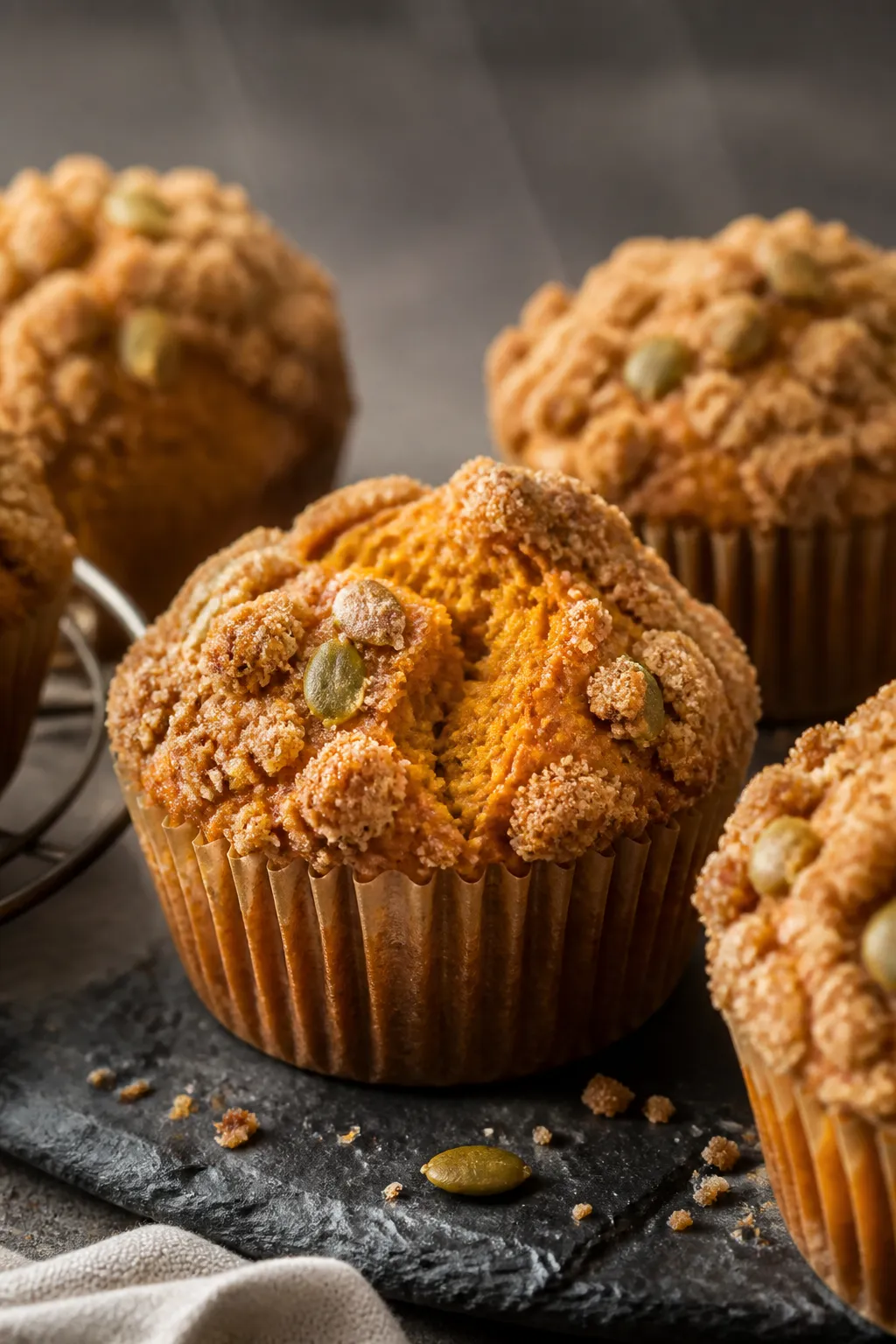 Close-up detail of freshly baked pumpkin muffins with buttery cinnamon streusel topping, : focus on 