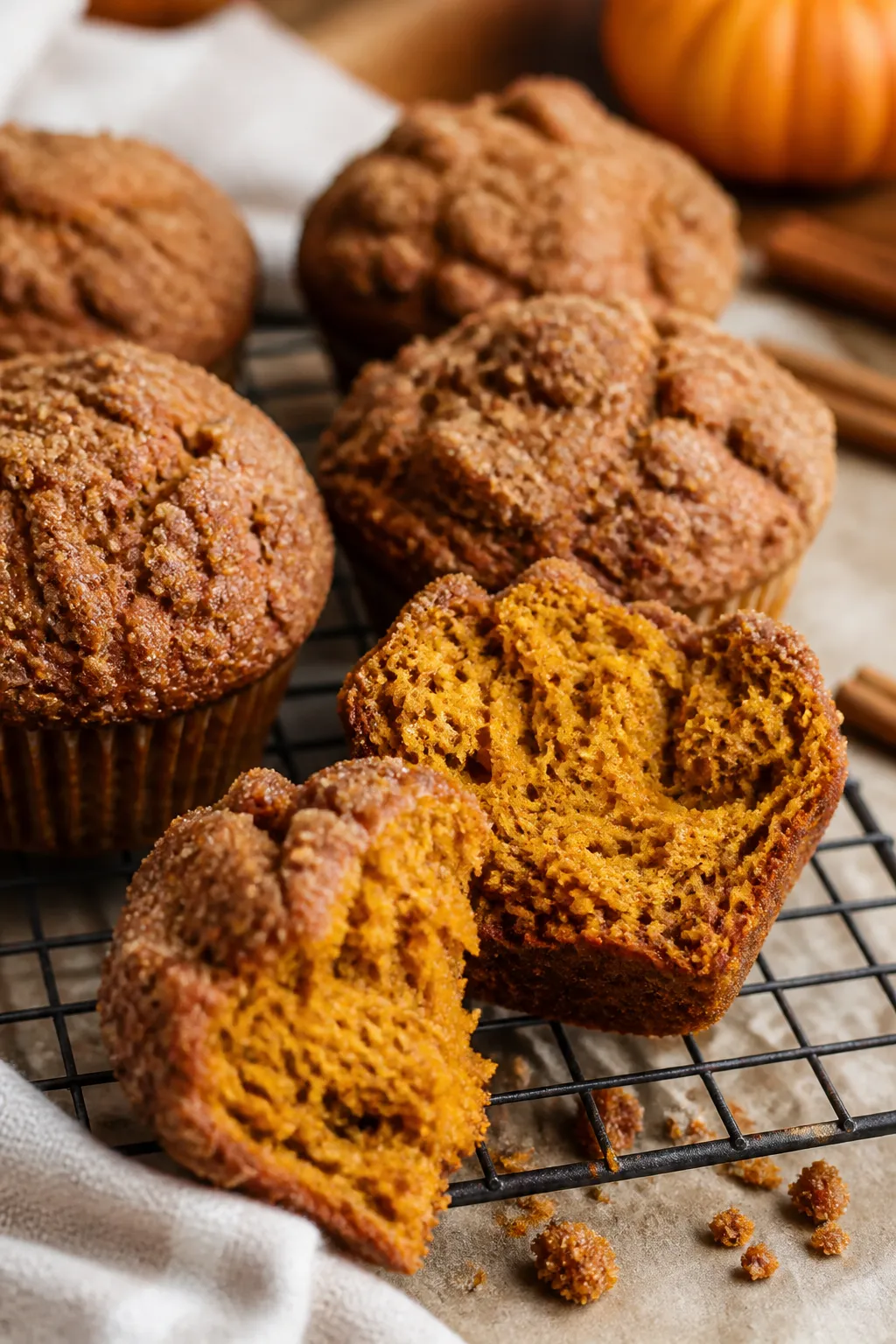 Close-up detail of freshly baked pumpkin streusel muffins just out of the pan, showing domed, craggy