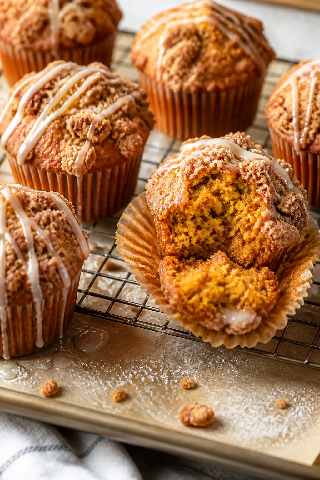 Close-up detail of freshly baked pumpkin streusel muffins just out of the tin, showing tall domed to