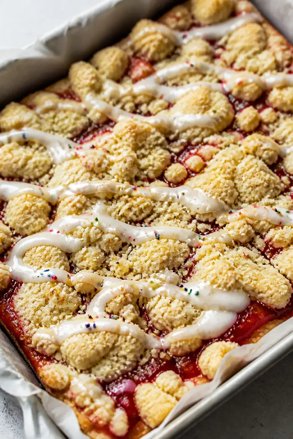 Close-up detail of freshly baked strawberry pop tart cookie bars cooling in the parchment-lined 9x13