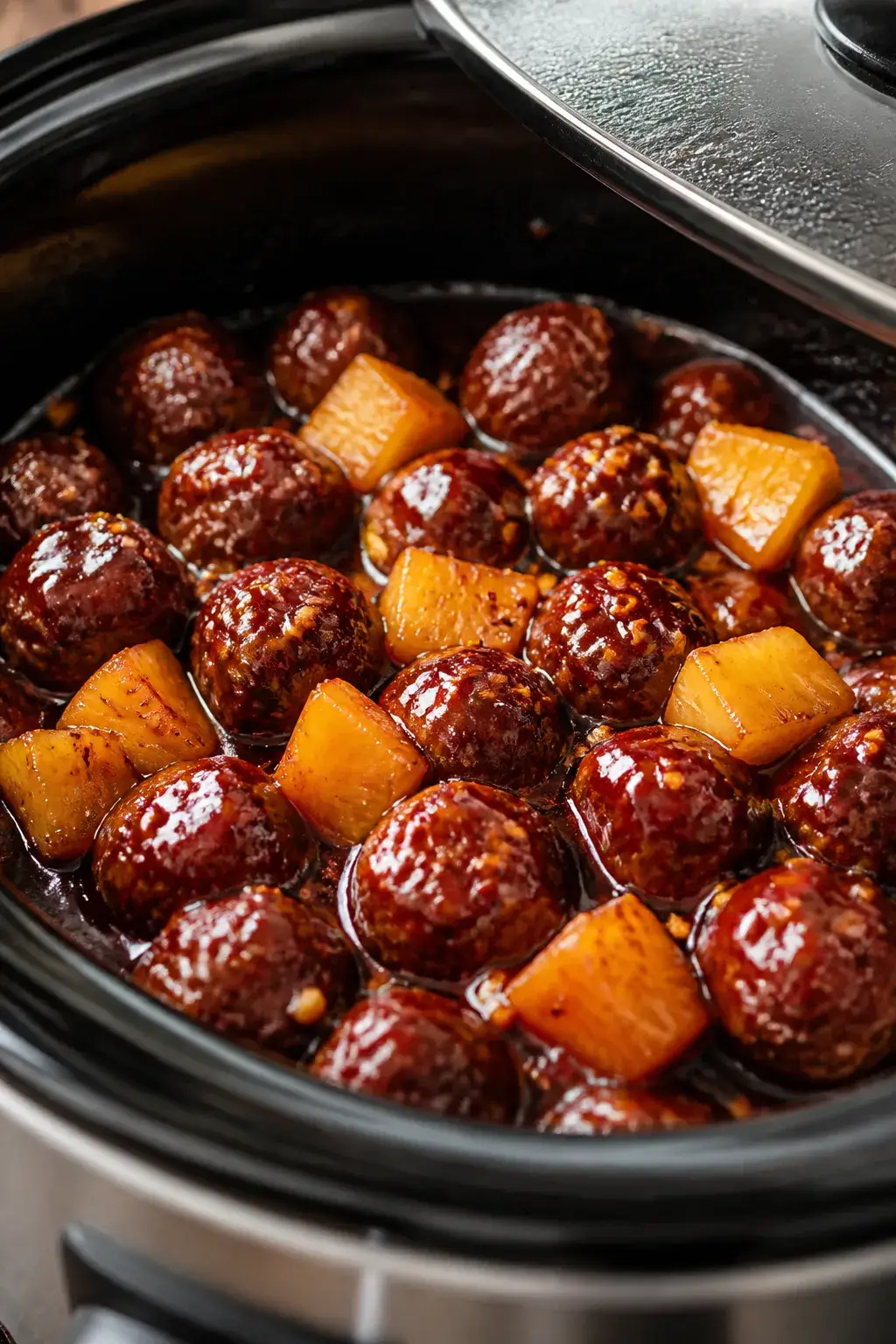 Close-up detail of glossy pineapple barbecue meatballs simmering in a slow cooker, sauce clinging an
