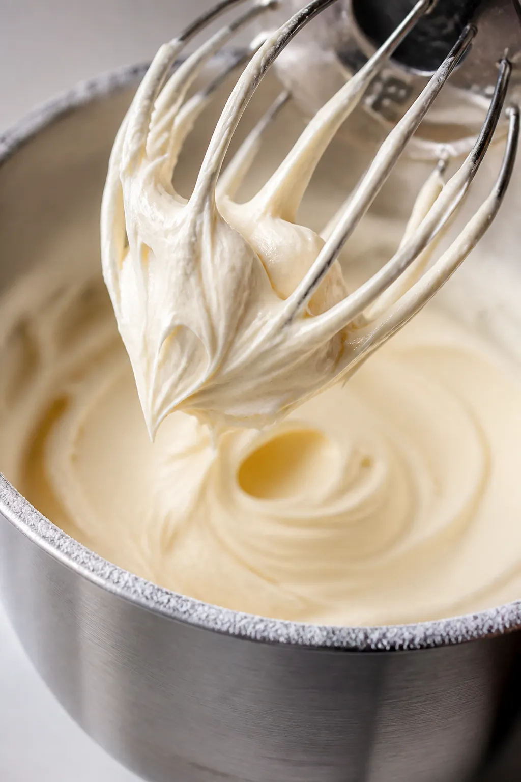 Close-up detail of perfectly whipped vanilla buttercream mid-process in a stand mixer bowl: silky, p