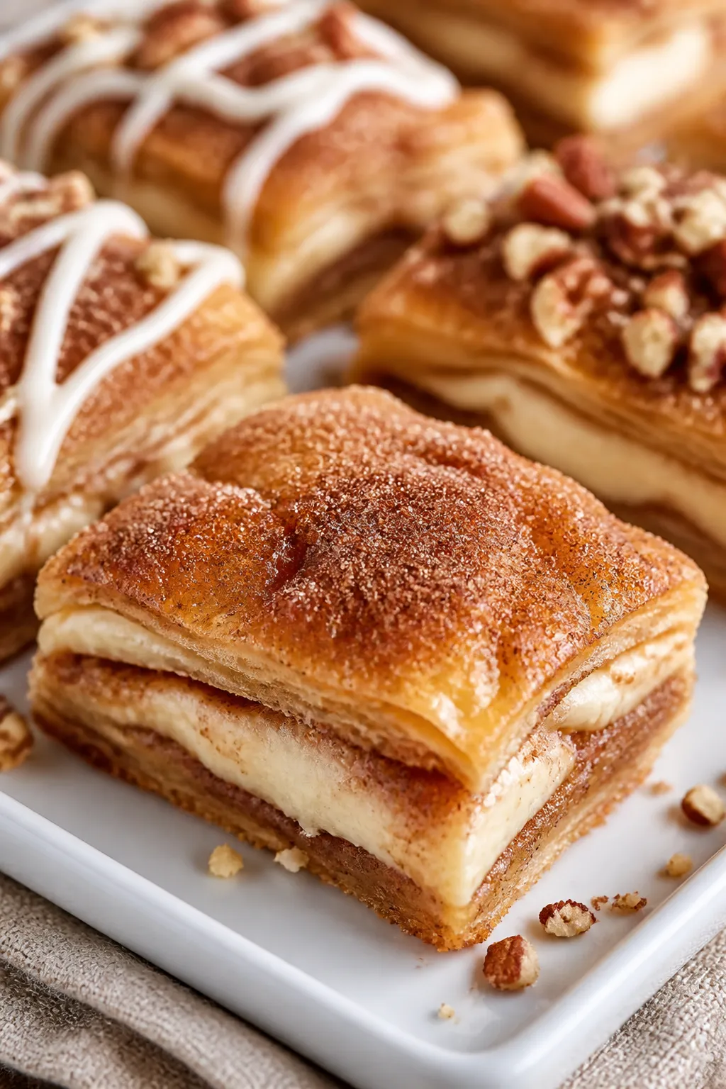 Close-up detail of sliced cinnamon cream cheese bars on a matte white rectangular platter, bars cut 