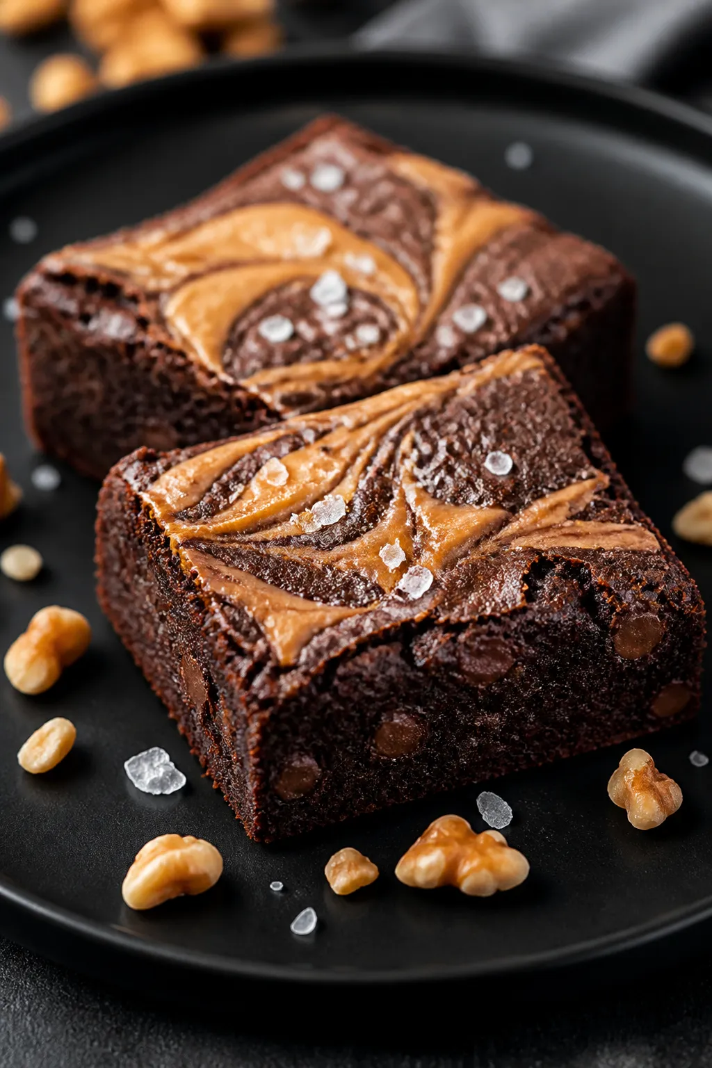 Close-up detail of sliced keto brownies plated for serving: two thick, dense squares with a gooey in