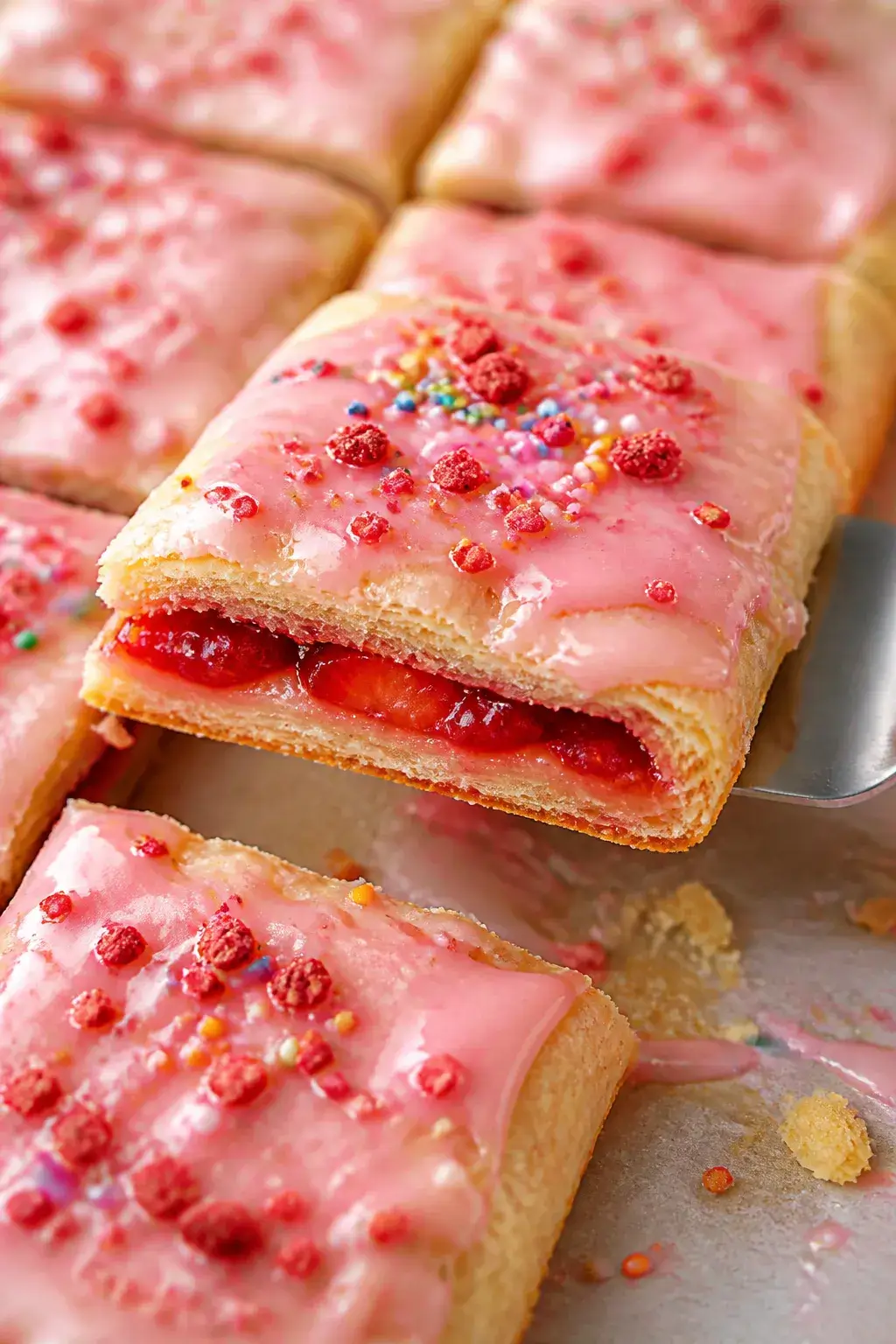 Close-up detail of the finished strawberry sheet pan pop tart after glazing and slicing, tight crop