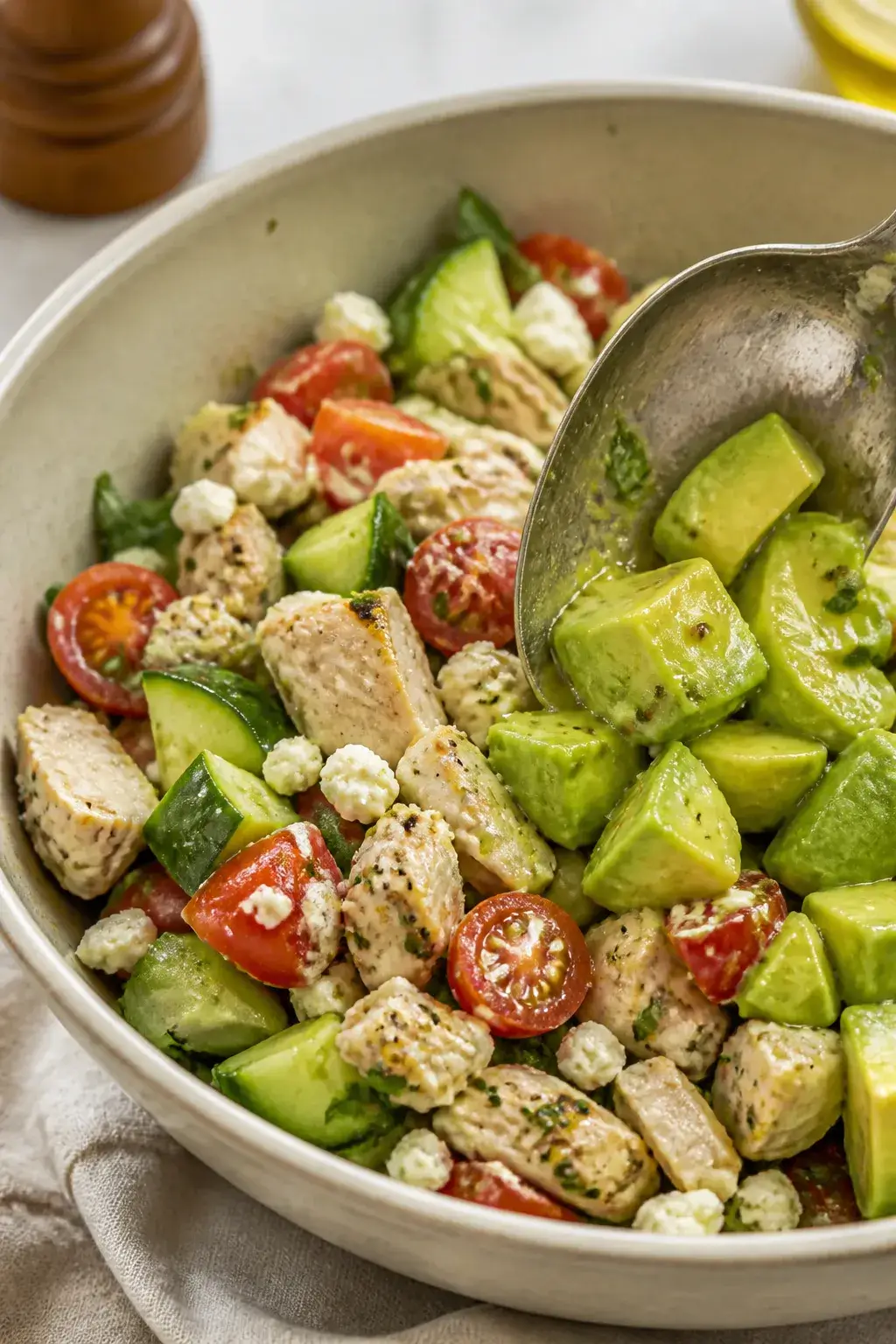 Close-up detail of the tossing stage: prepared salad components in a large neutral ceramic bowl, sho